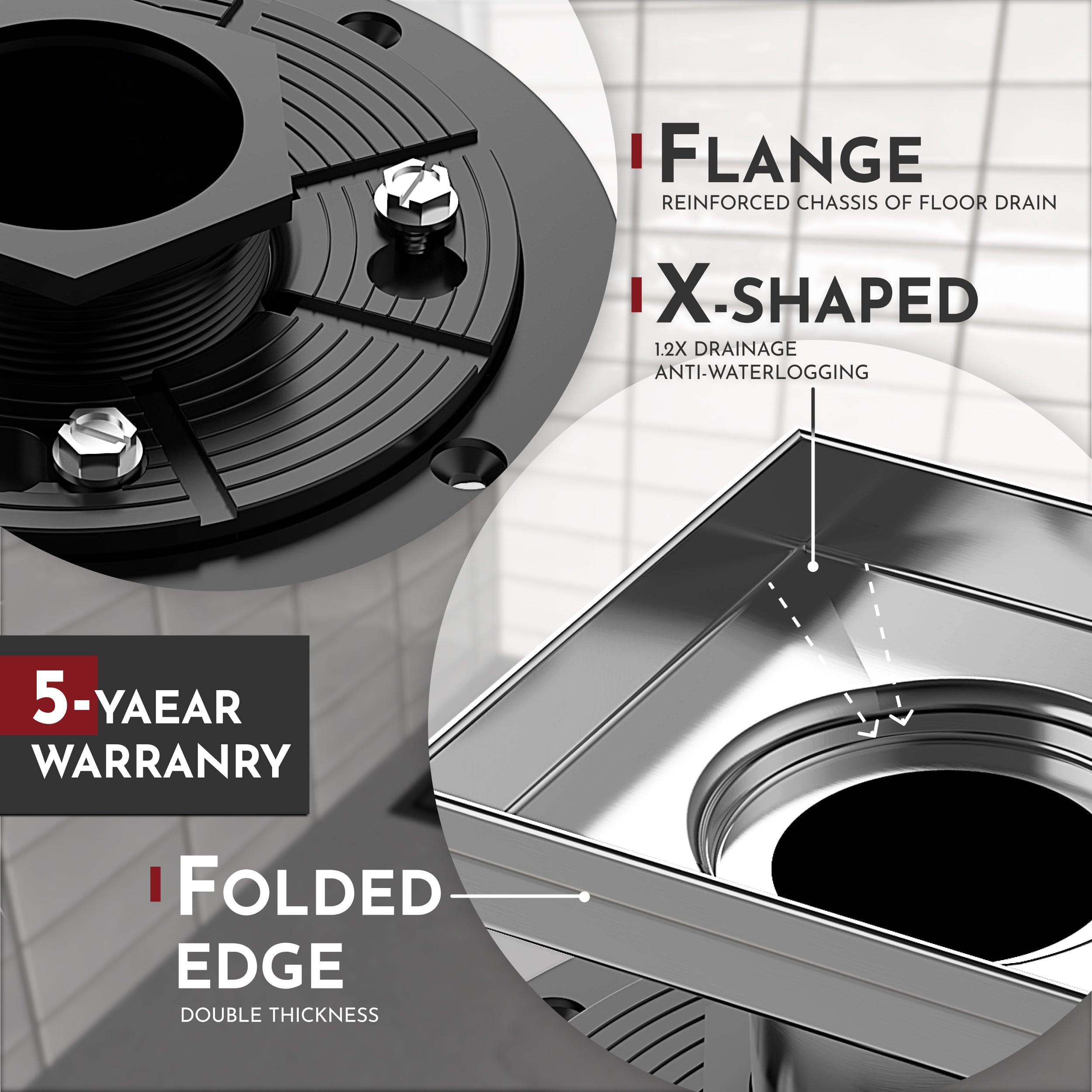 WEBANG 4 Inch Wave-Hole Pattern Square Shower Drain With Flange, Brushed Stainless Steel