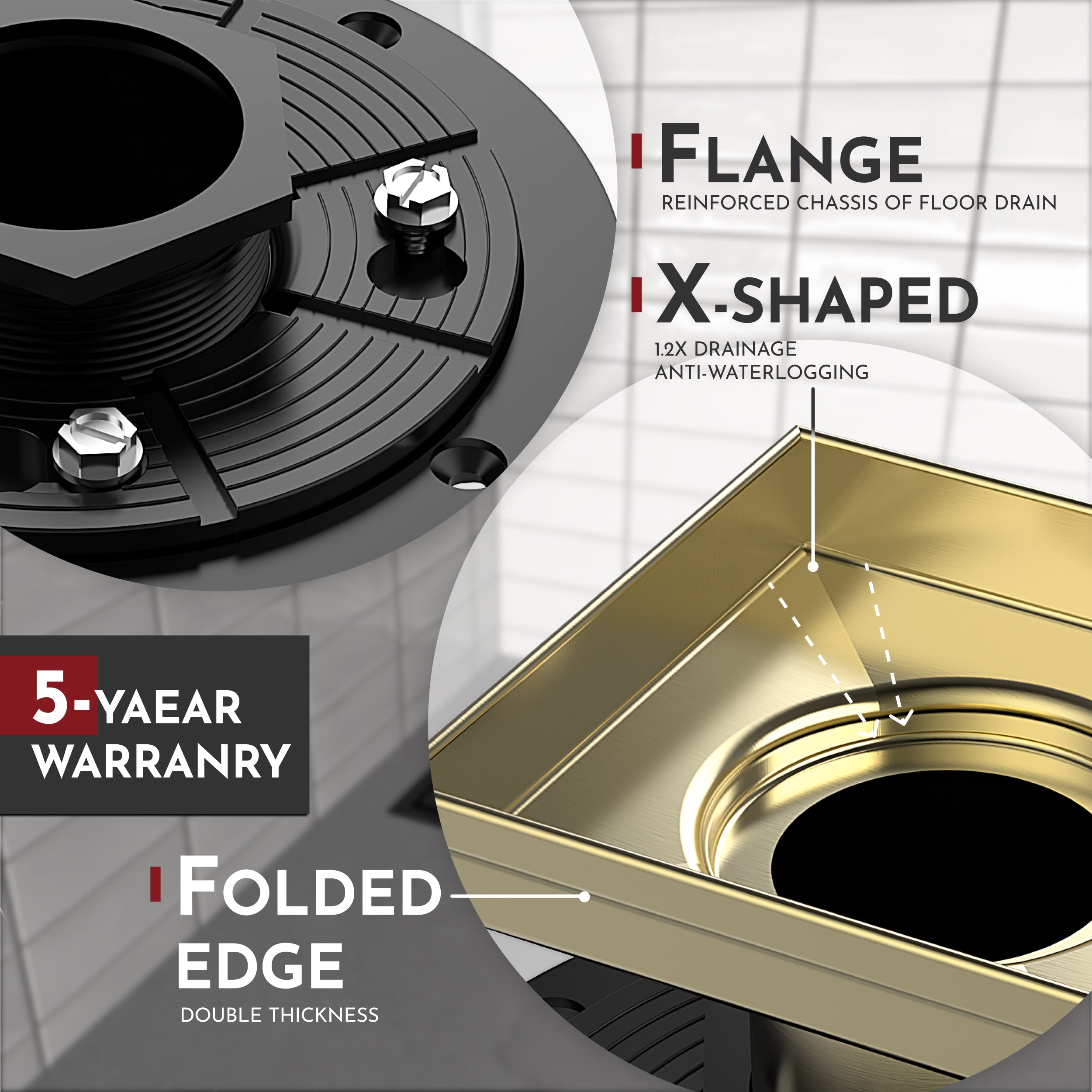 WEBANG 6 Inch Rainline Pattern Square Shower Drain With Flange, Brushed Gold