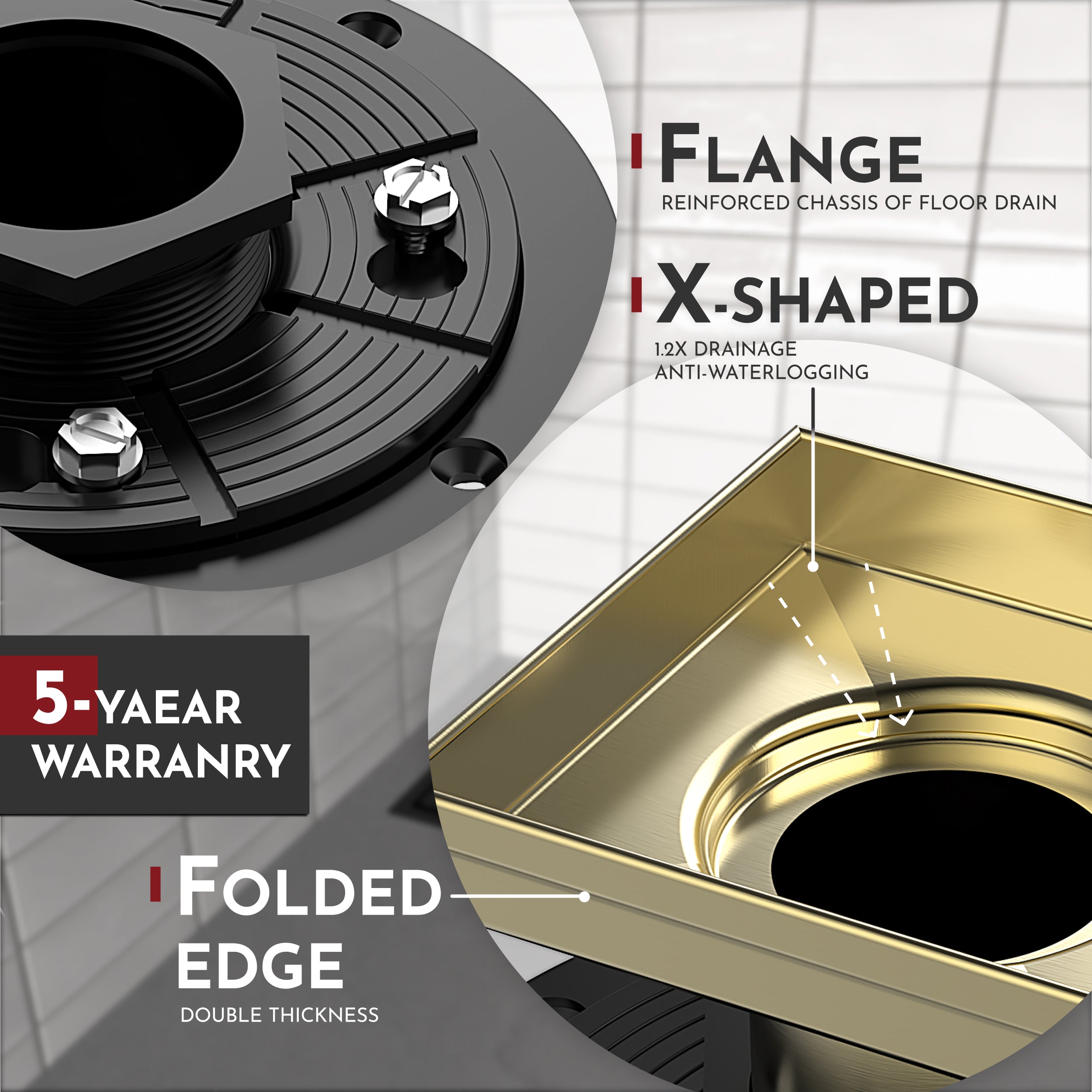 WEBANG 6 Inch Wave-Hole Pattern Square Shower Drain With Flange, Brushed Gold