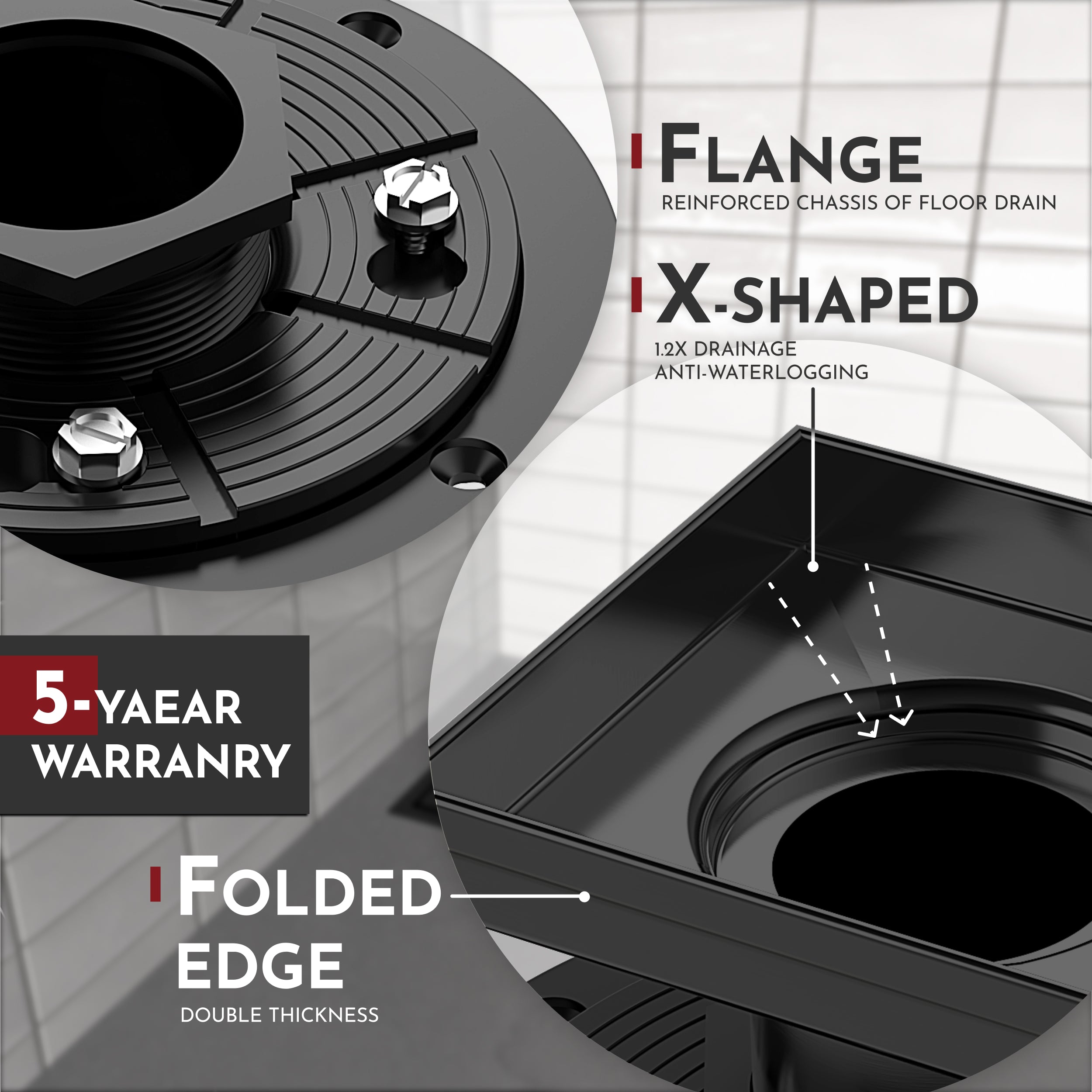 WEBANG 6 Inch Wave-Hole Pattern Square Shower Drain With Flange, Matte Black