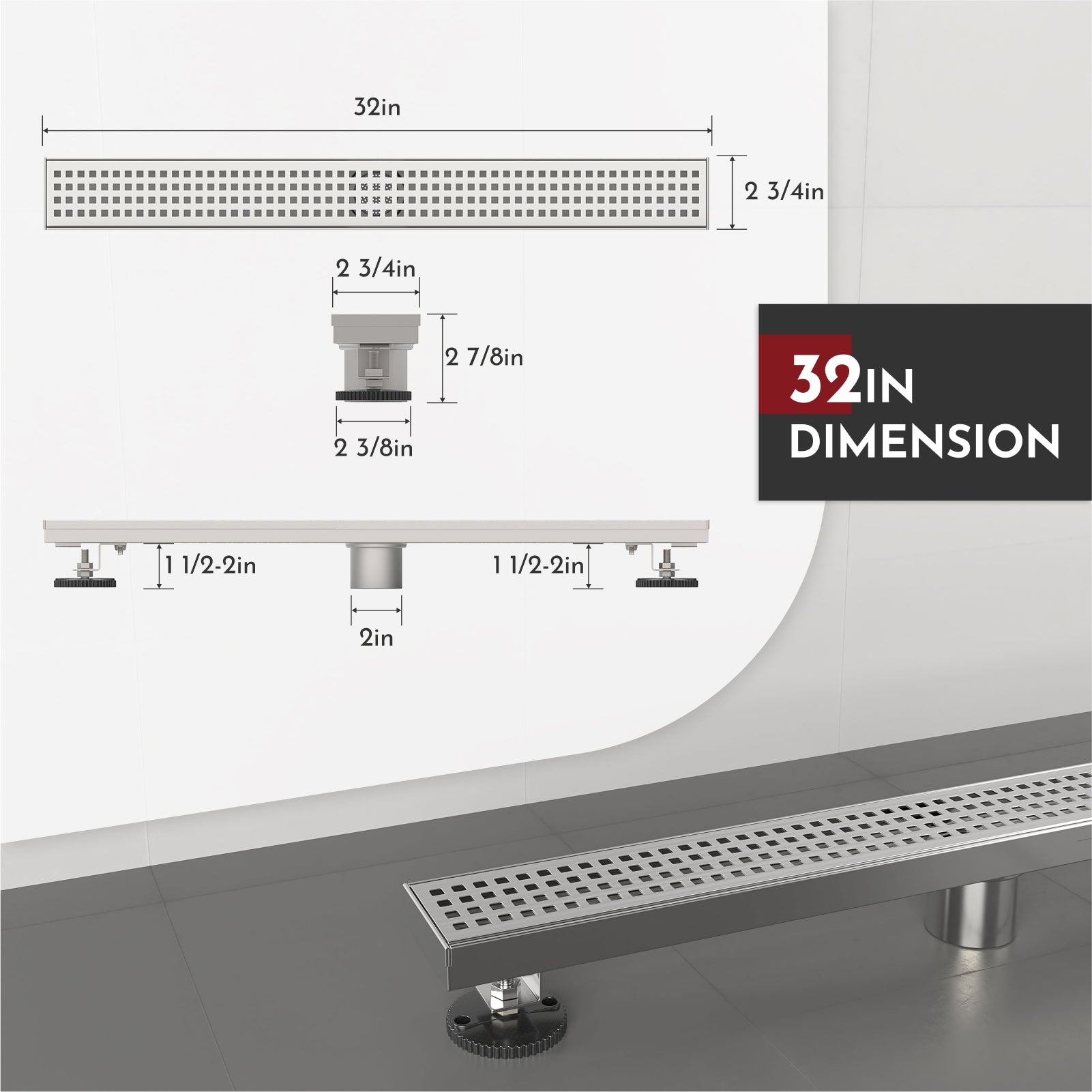 WEBANG 32 Inch Square Hole Pattern Linear Shower Drain With Accessories, Brushed Stainless Steel