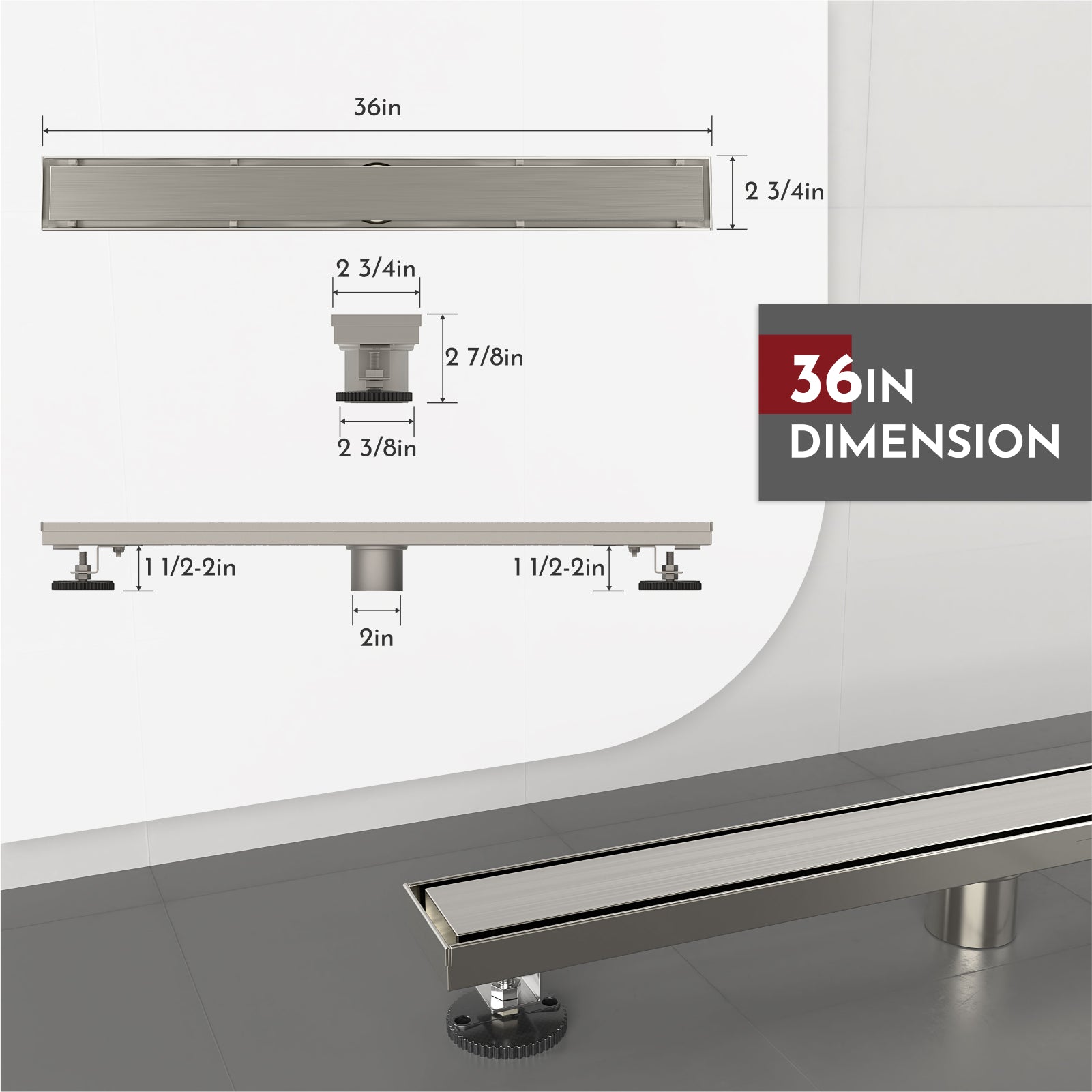 WEBANG 36 Inch Reversible 2-in-1 Linear Shower Drain With Accessories, Brushed Nickel