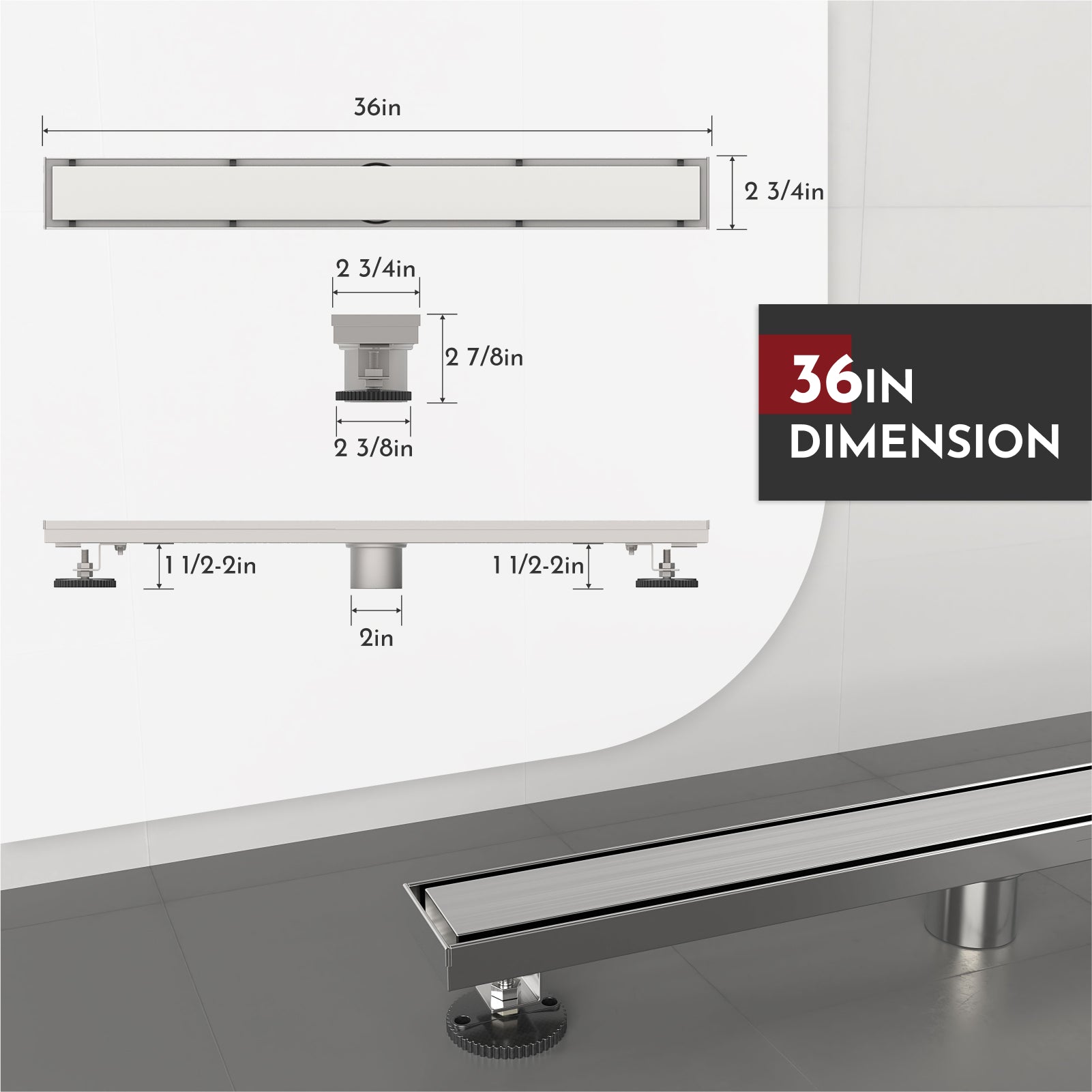 WEBANG 36 Inch Reversible 2-in-1 Linear Shower Drain With Accessories, Brushed Stainless Steel