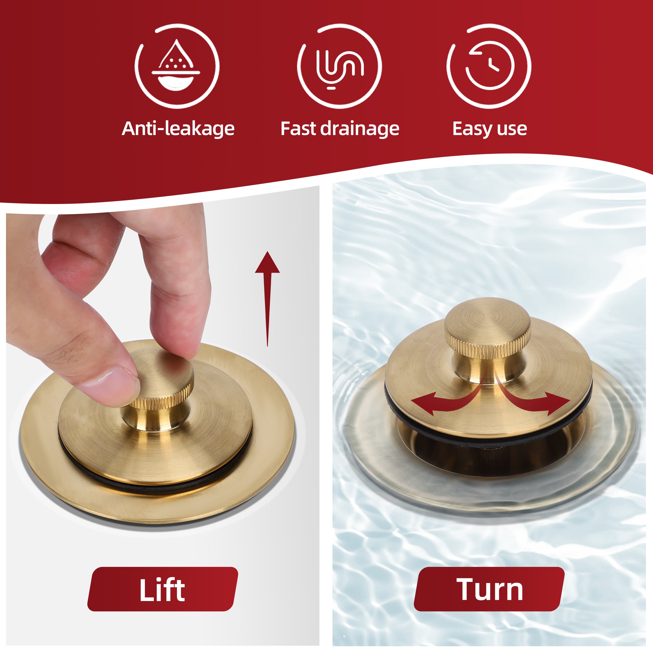 PRIMSOPH Lift Turn Tub Drain Trim Kit with One Hole Overflow Faceplate, Brushed Gold