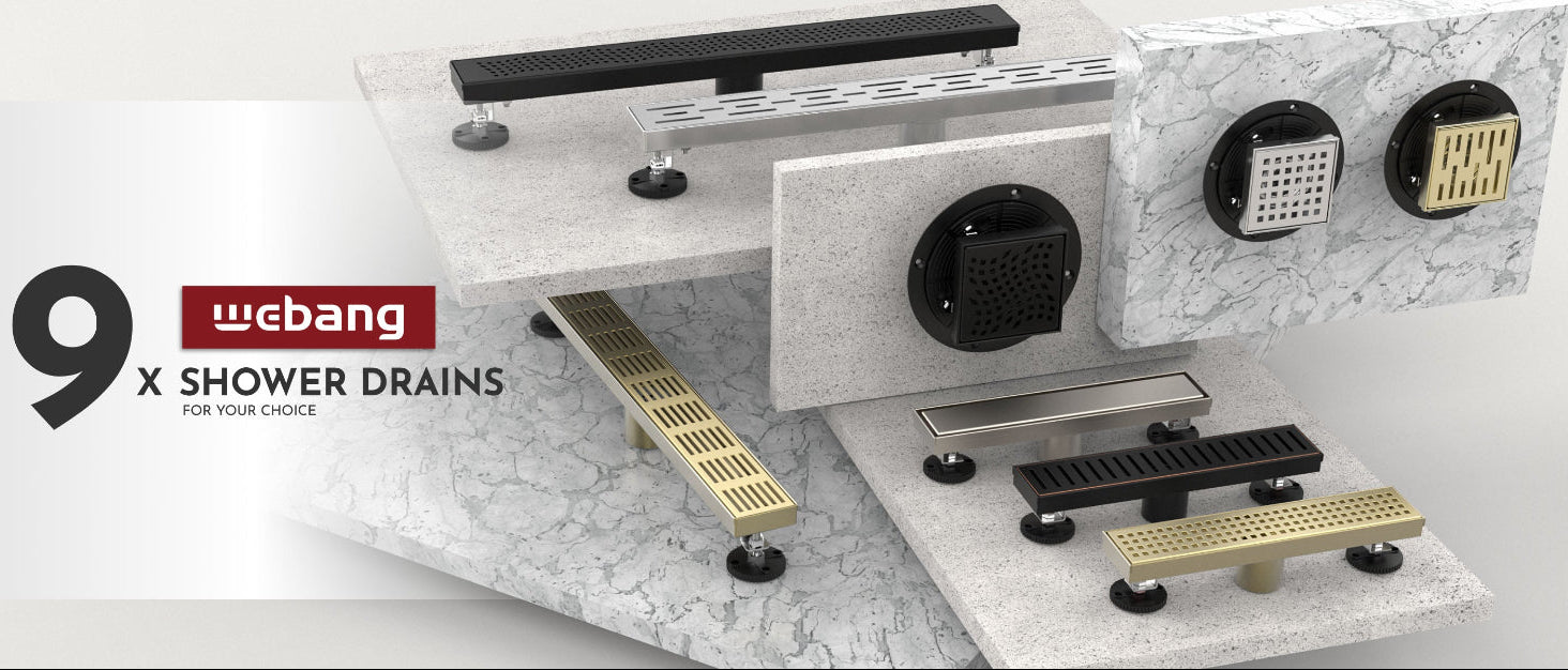 Collection of shower drains with 'webang' branding on a white background