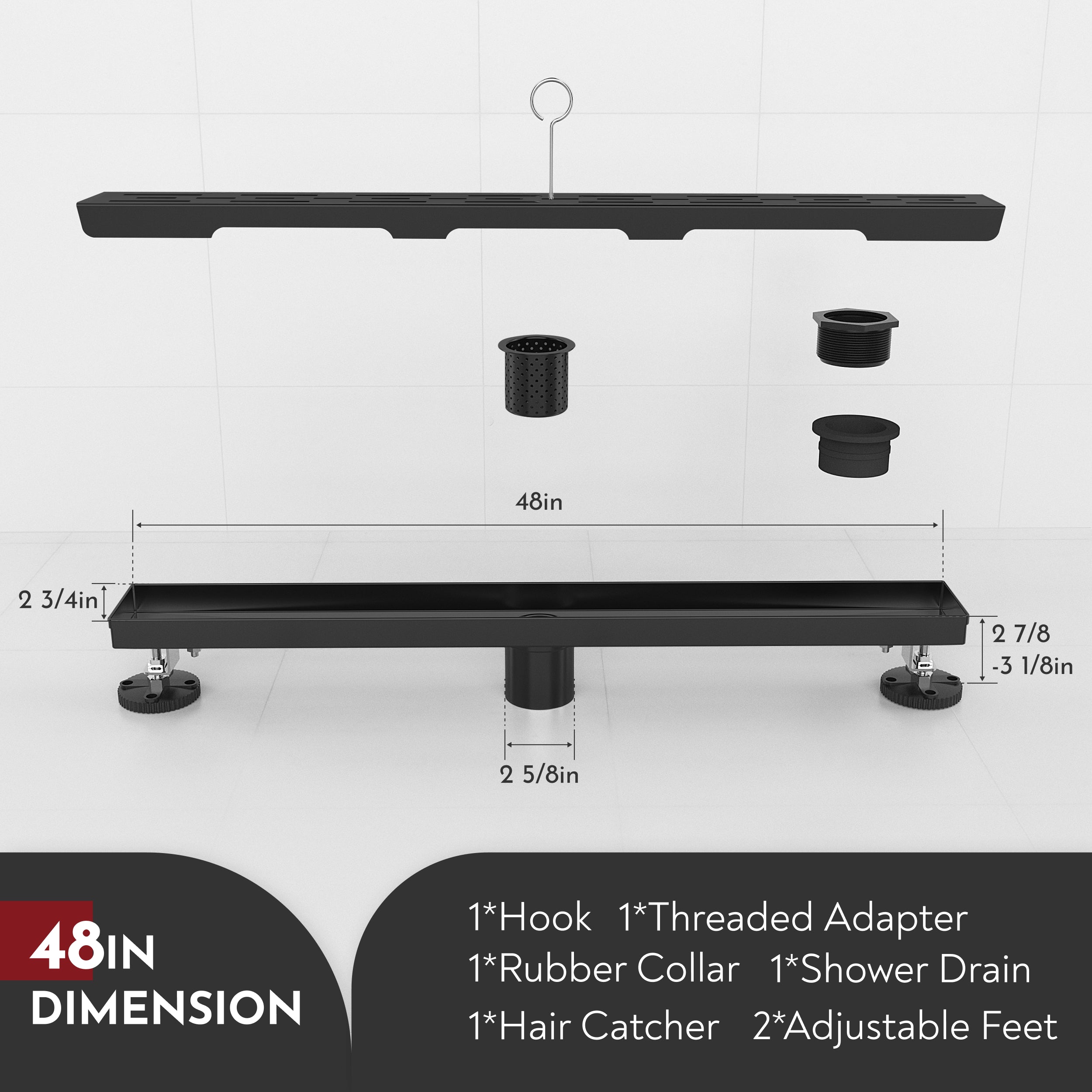 WEBANG 48 Inch Rainline Pattern Linear Shower Drain With Accessories, Matte Black