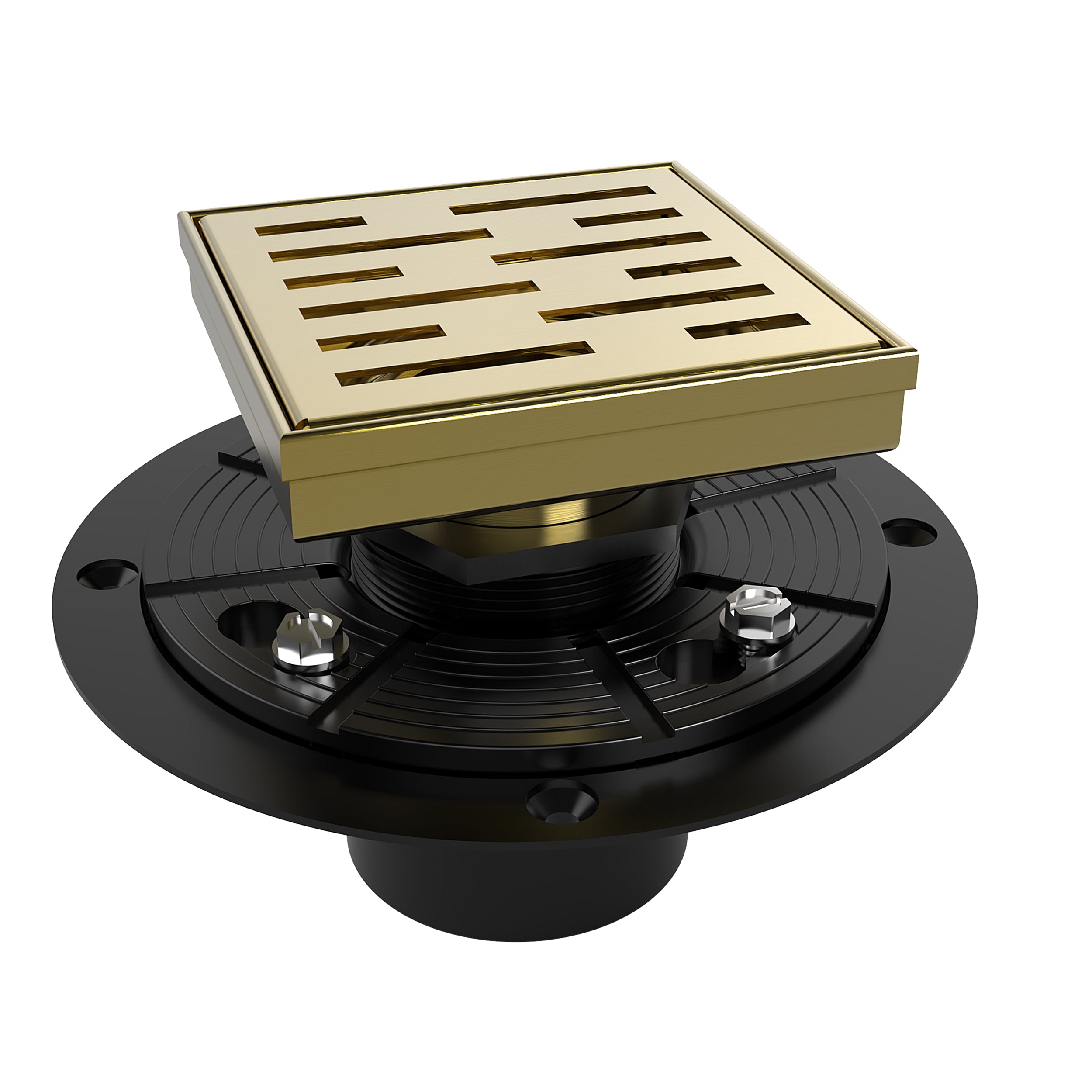 WEBANG 4 Inch Rainline Pattern Square Shower Drain With Flange, Brushed Gold