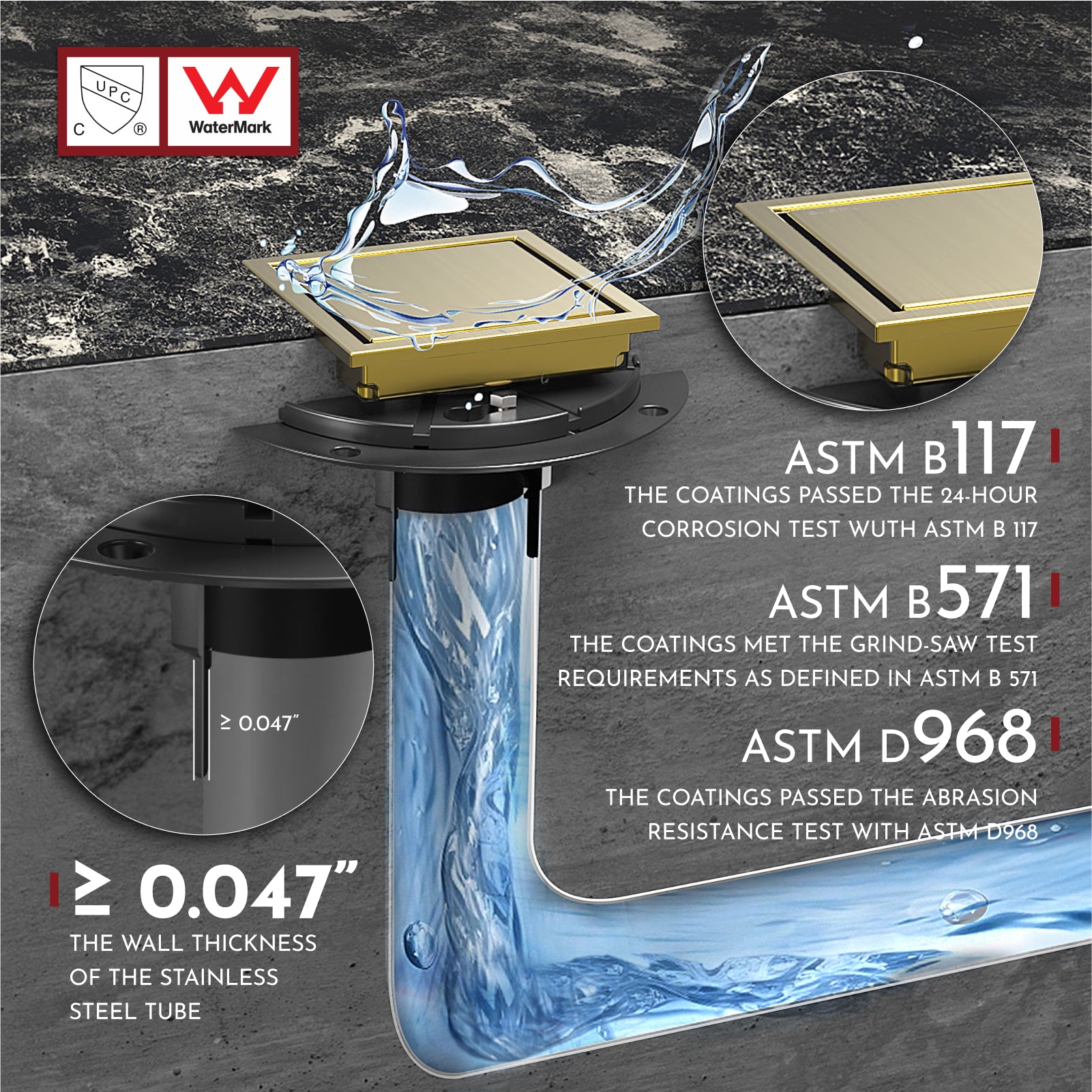 WEBANG 4 Inch Wide Frame Reversible 2-in-1 Tile-In Square Shower Drain With Flange, Brushed Gold