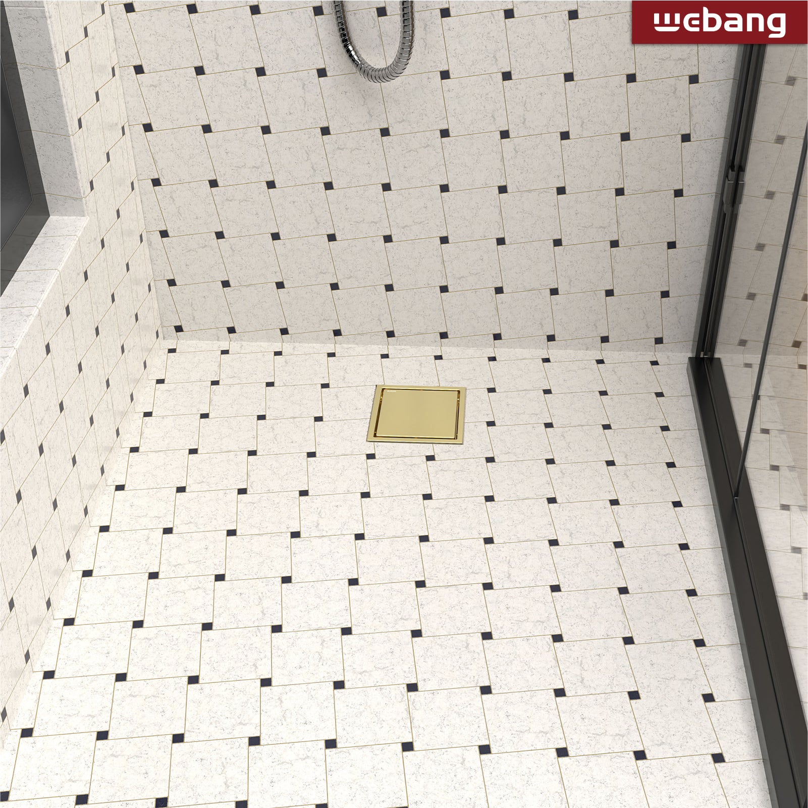WEBANG 4 Inch Wide Frame Reversible 2-in-1 Tile-In Square Shower Drain With Flange, Brushed Gold