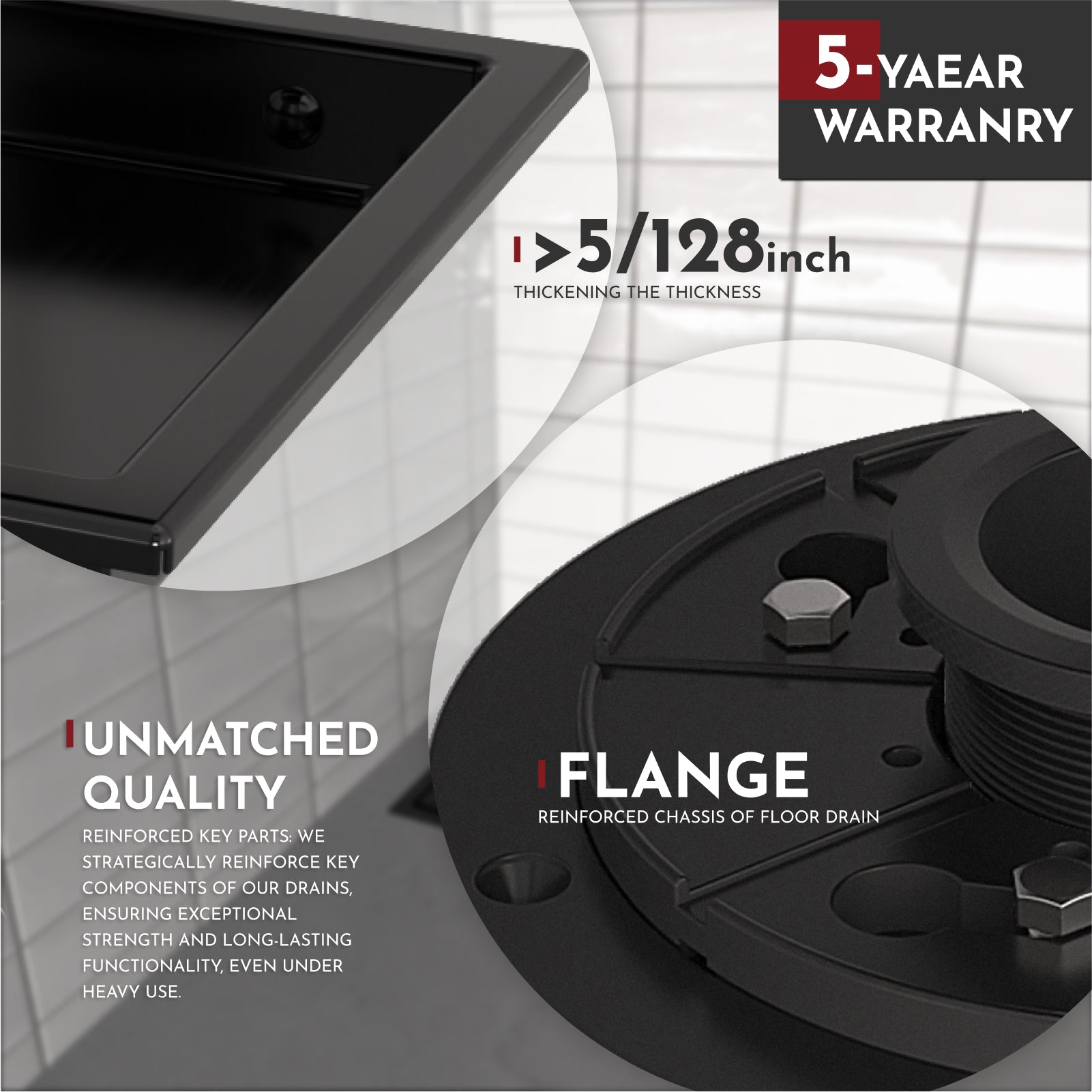 WEBANG 4 Inch Wide Frame Reversible 2-in-1 Tile-In Square Shower Drain With Flange, Matte Black