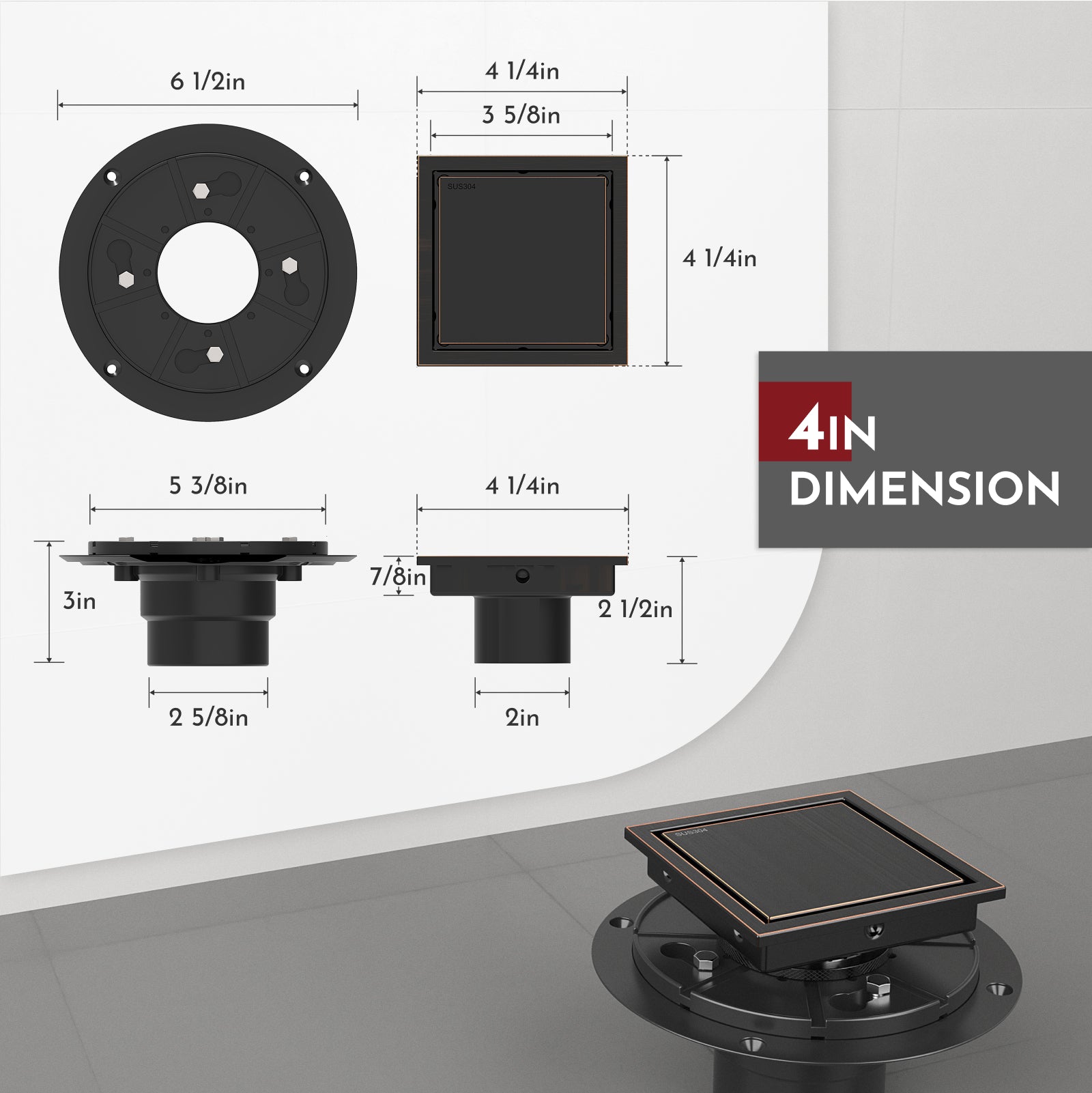 WEBANG 4 Inch Wide Frame Reversible 2-in-1 Tile-In Square Shower Drain With Flange, Oil Rubbed Bronze