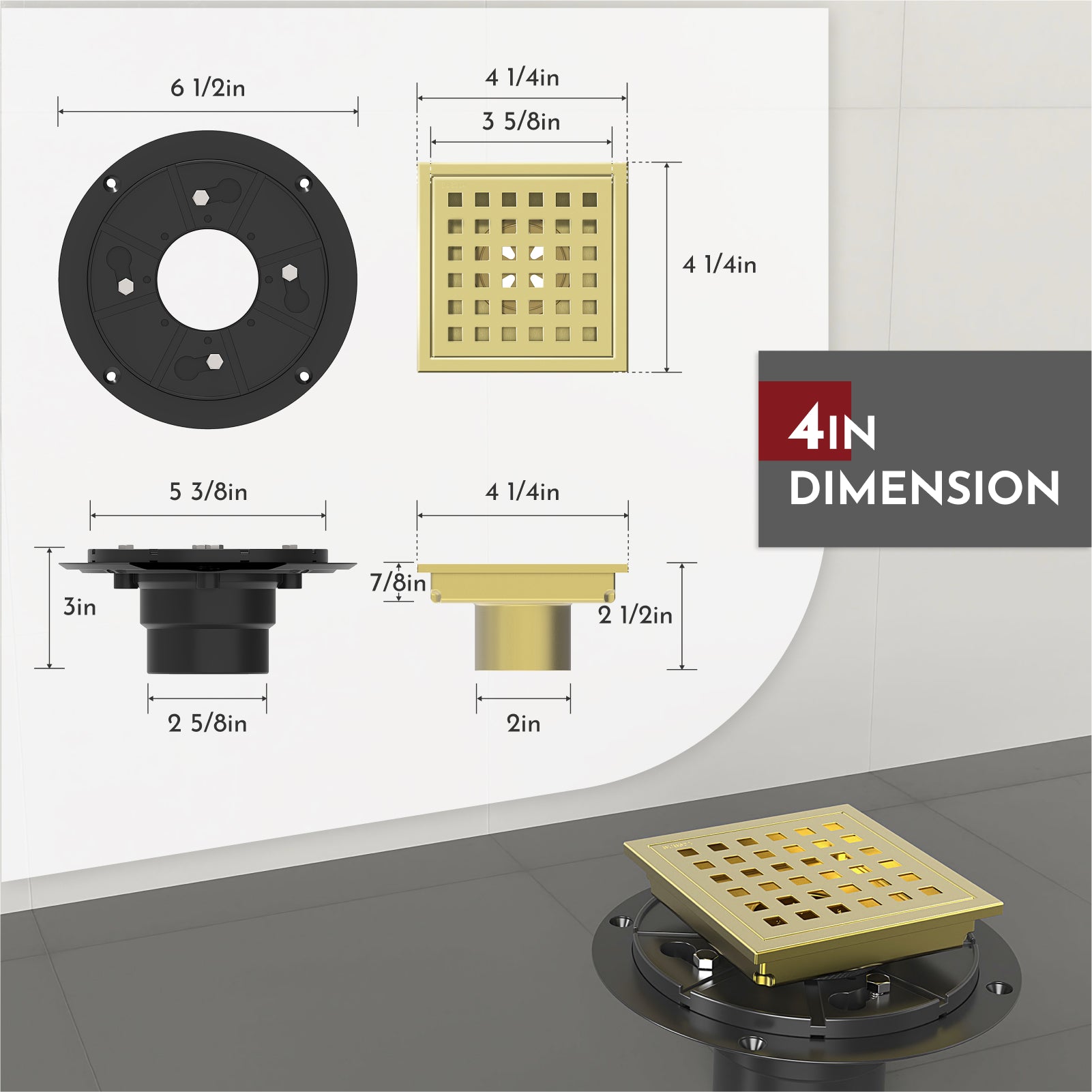 WEBANG 4 Inch Wide Frame Square Hole Pattern Square Shower Drain With Flange, Brushed Gold