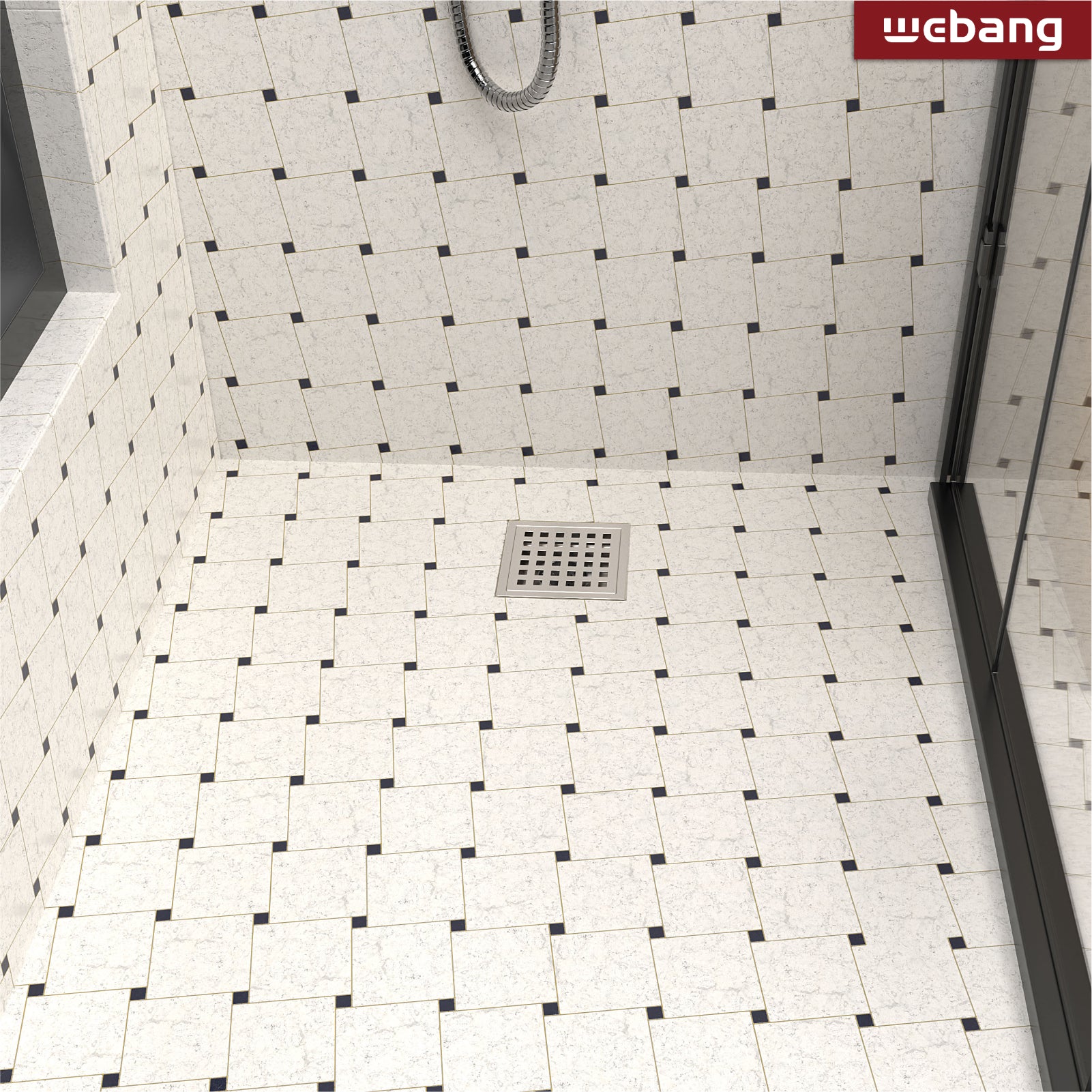 WEBANG 4 Inch Wide Frame Square Hole Pattern Square Shower Drain With Flange, Brushed Nickel