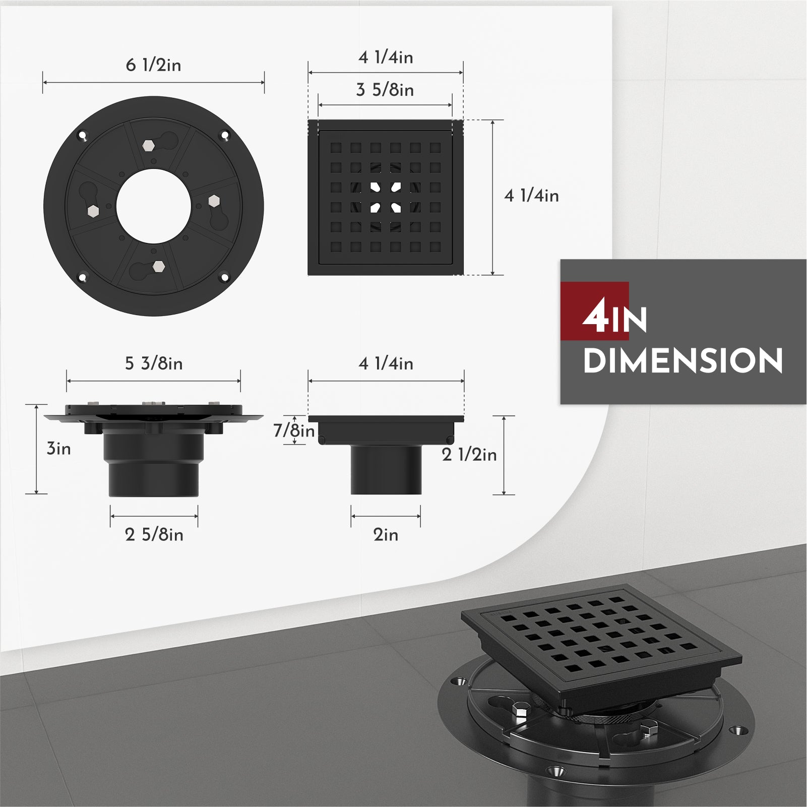 WEBANG 4 Inch Wide Frame Square Hole Pattern Square Shower Drain With Flange, Matte Black