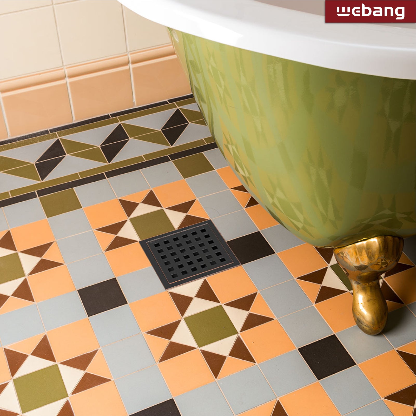 WEBANG 4 Inch Wide Frame Square Hole Pattern Square Shower Drain With Flange, Oil Rubbed Bronze