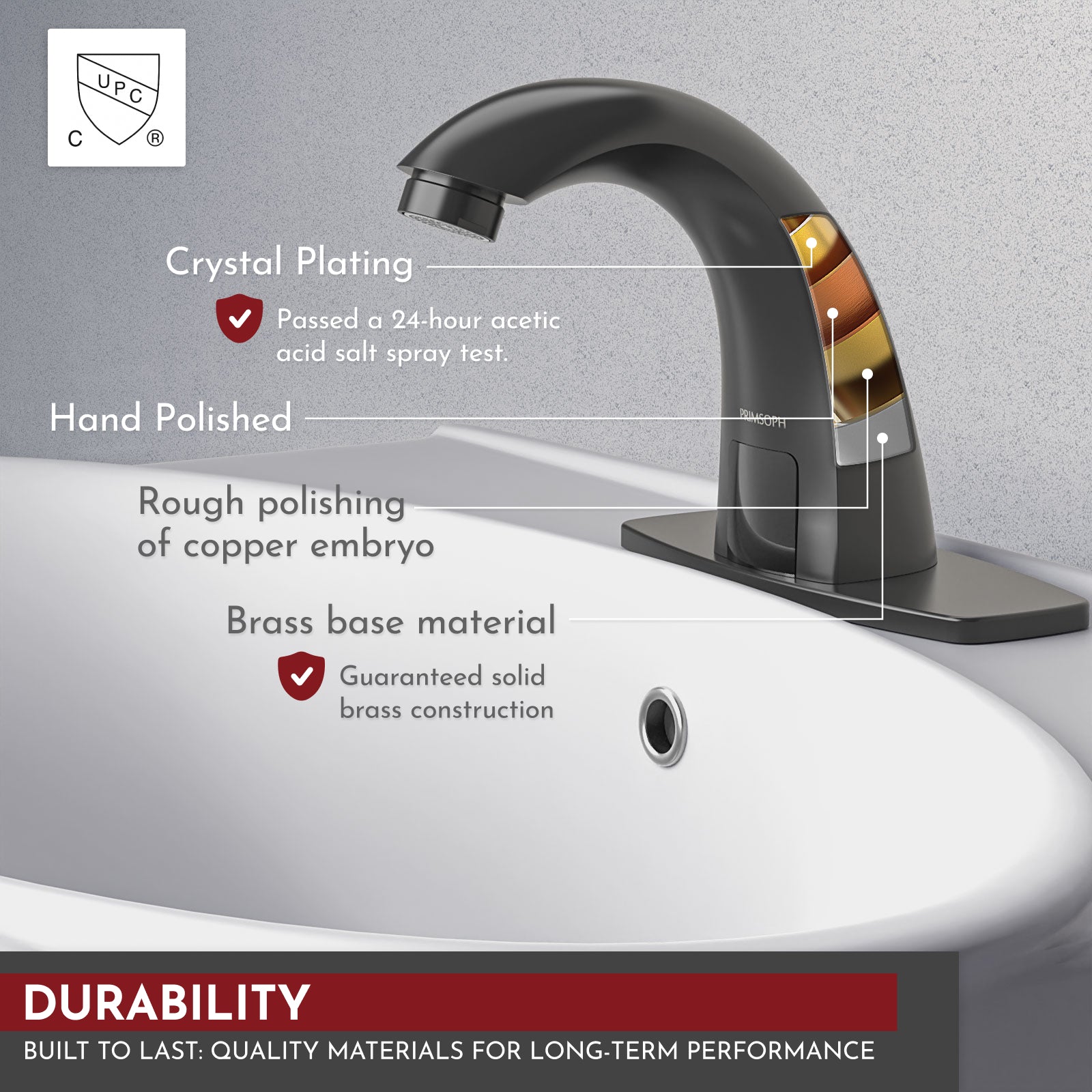 PRIMSOPH Model 8003 Battery and Plug-In Powered Touchless Faucet with Temperature Mixer, Matte Black