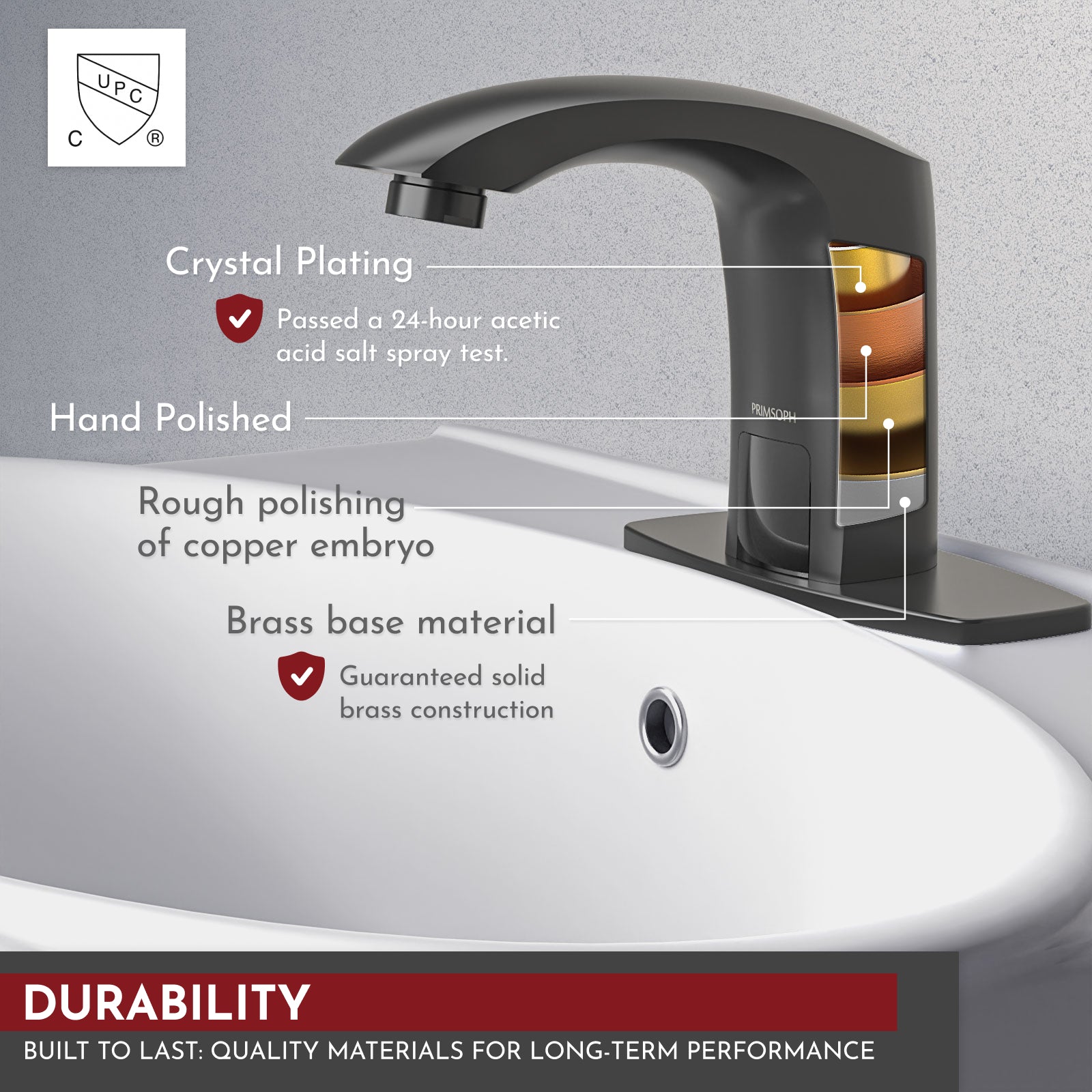 PRIMSOPH Model 8009 Battery and Plug-In Powered Touchless Faucet with Temperature Mixer, Matte Black