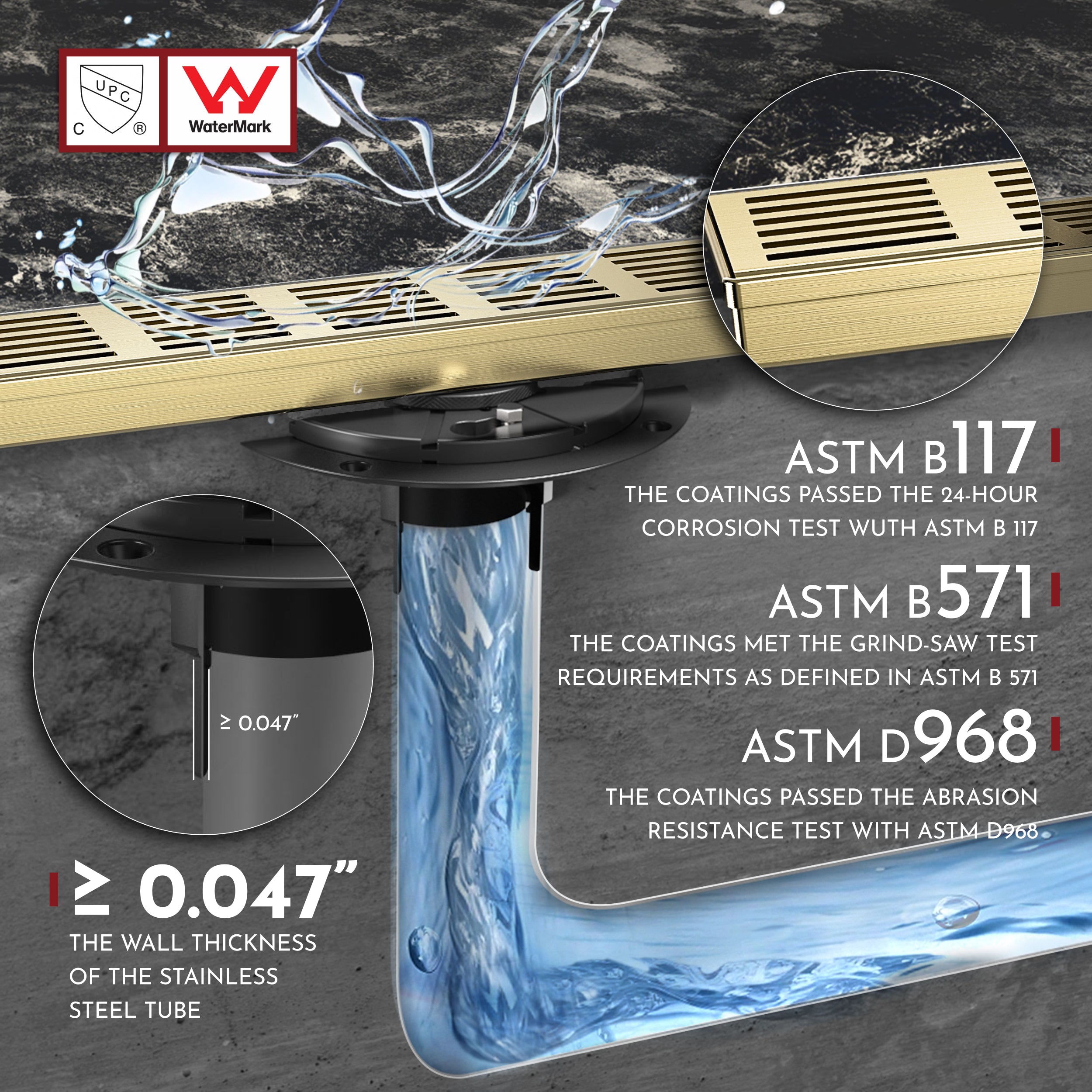 WEBANG 12 Inch Fence Pattern Linear Shower Drain With Accessories, Brushed Gold