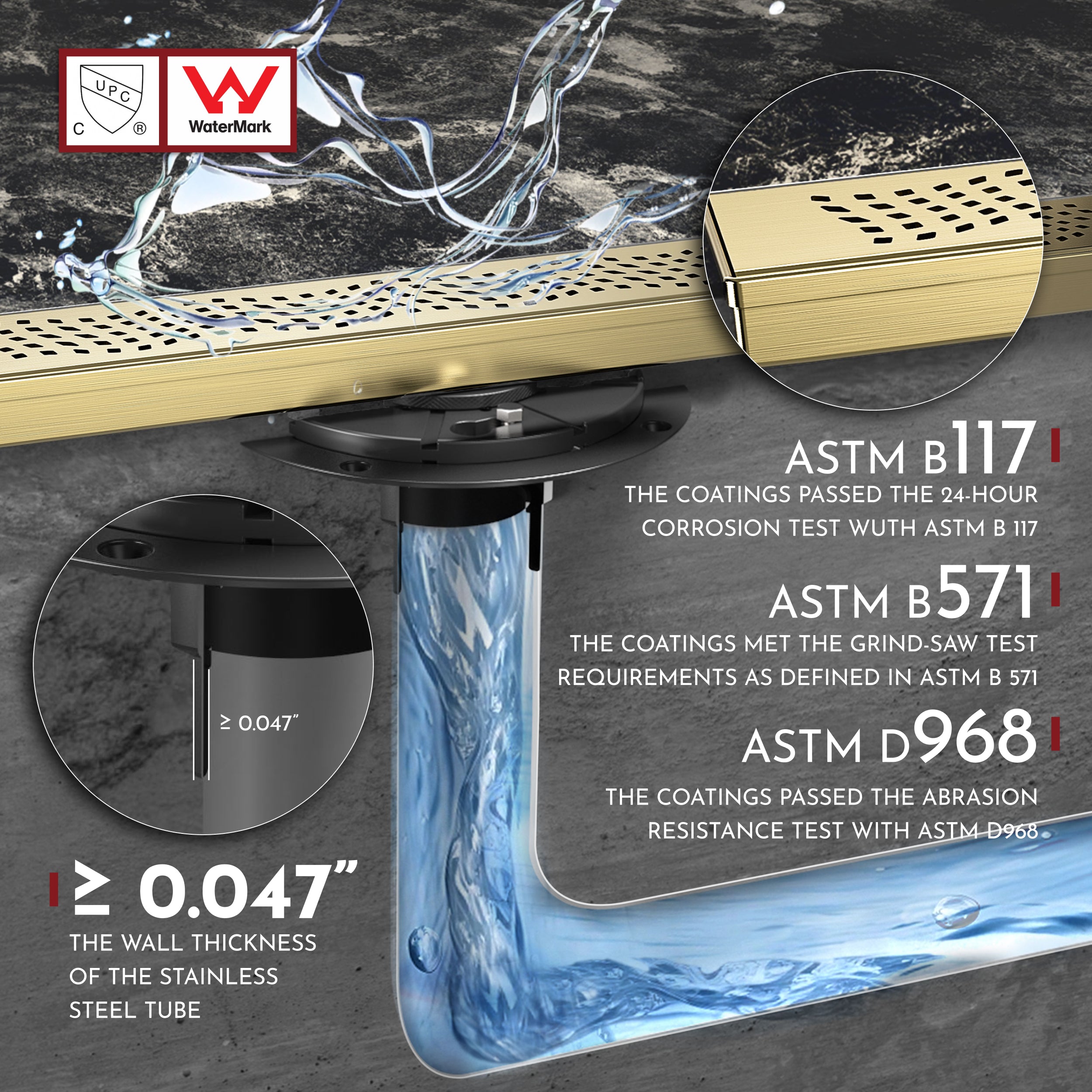 WEBANG 24 Inch Wave-Hole Pattern Linear Shower Drain With Accessories, Brushed Gold