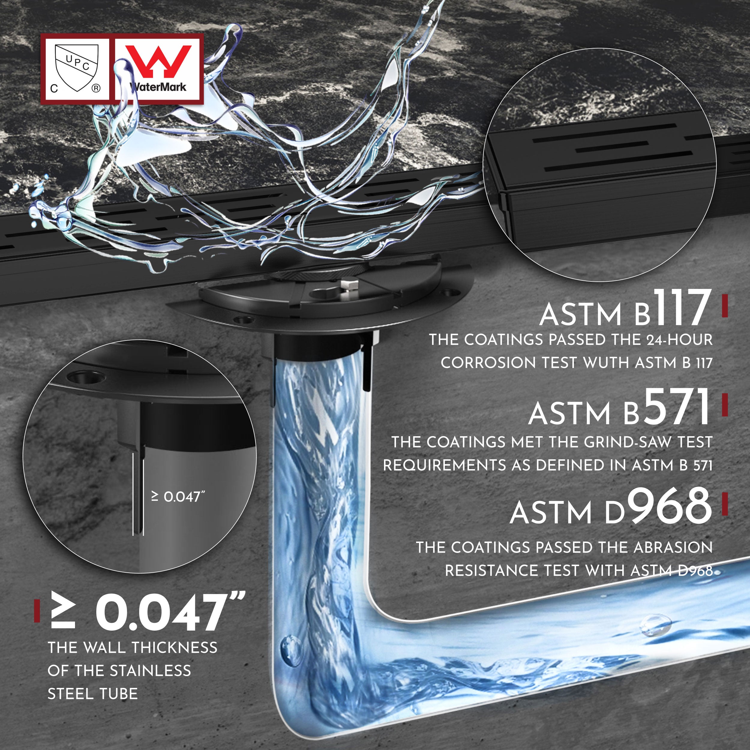 WEBANG 48 Inch Rainline Pattern Linear Shower Drain With Accessories, Matte Black