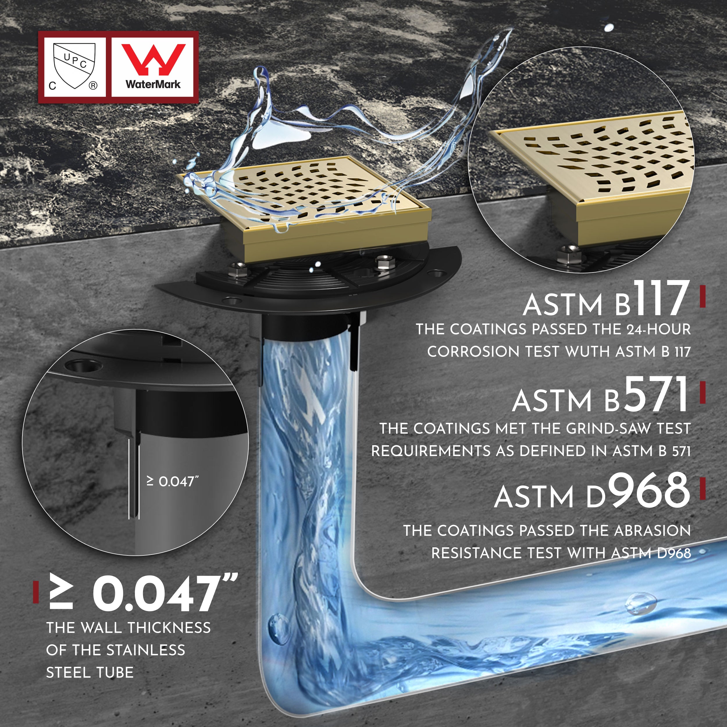 WEBANG 4 Inch Wave-Hole Pattern Square Shower Drain With Flange, Brushed Gold