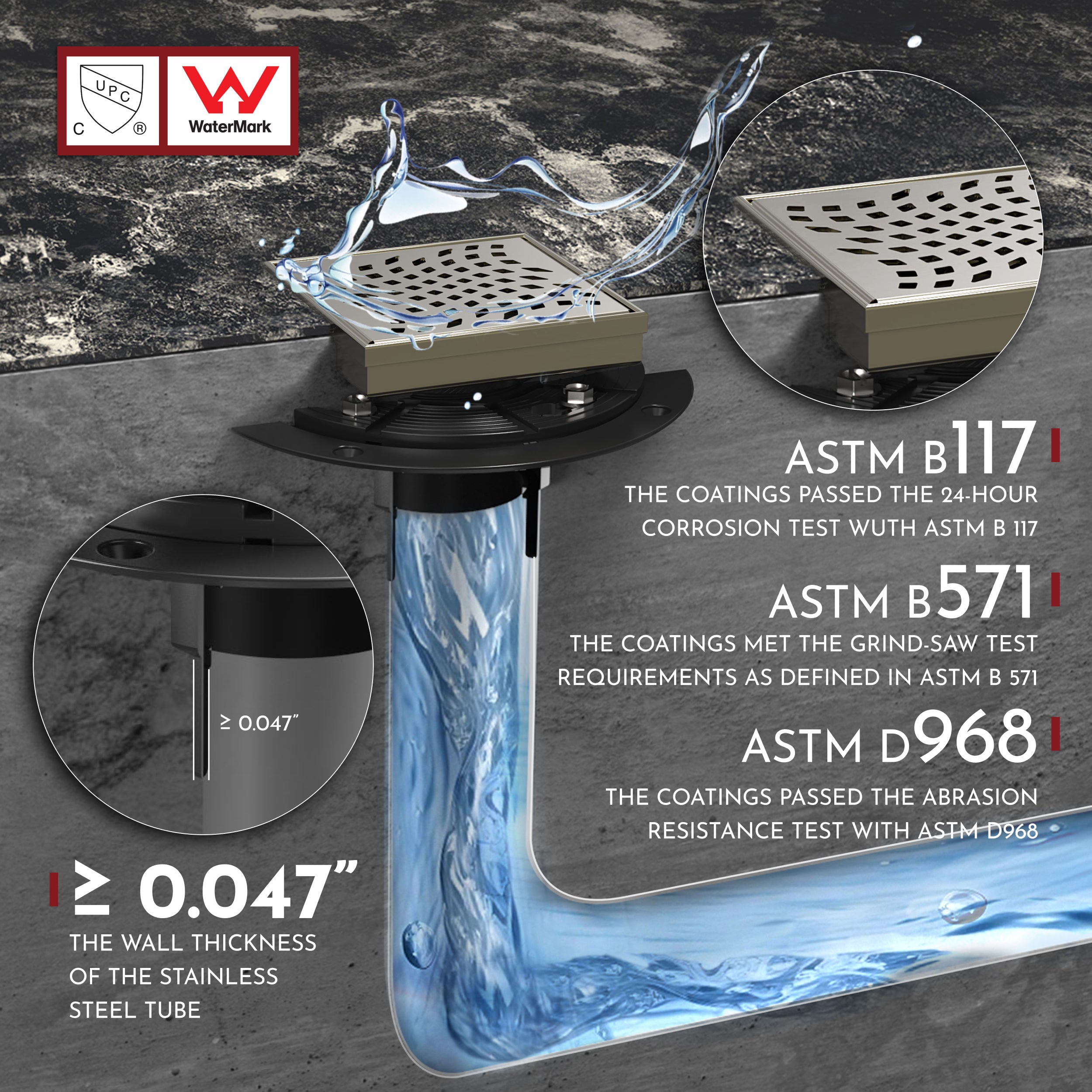 WEBANG 4 Inch Wave-Hole Pattern Square Shower Drain With Flange, Brushed Nickel