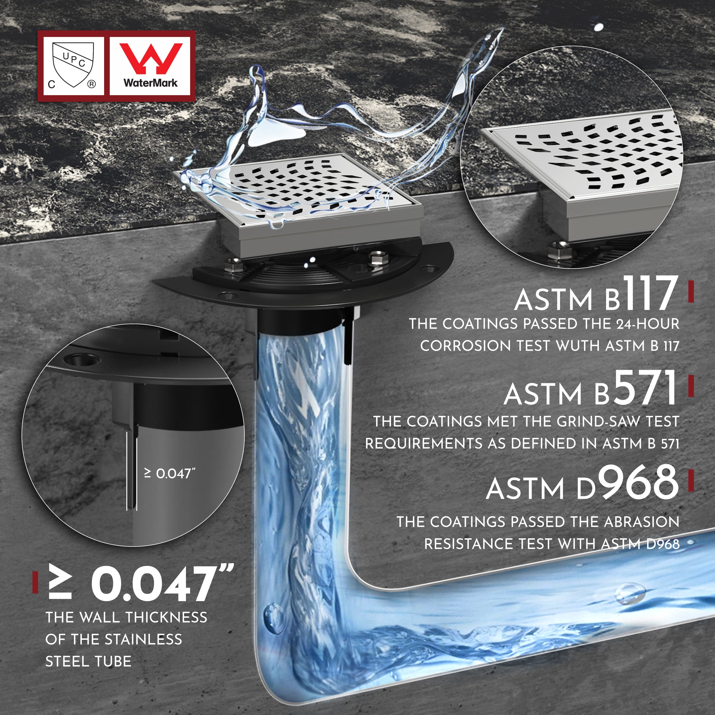 WEBANG 4 Inch Wave-Hole Pattern Square Shower Drain With Flange, Brushed Stainless Steel