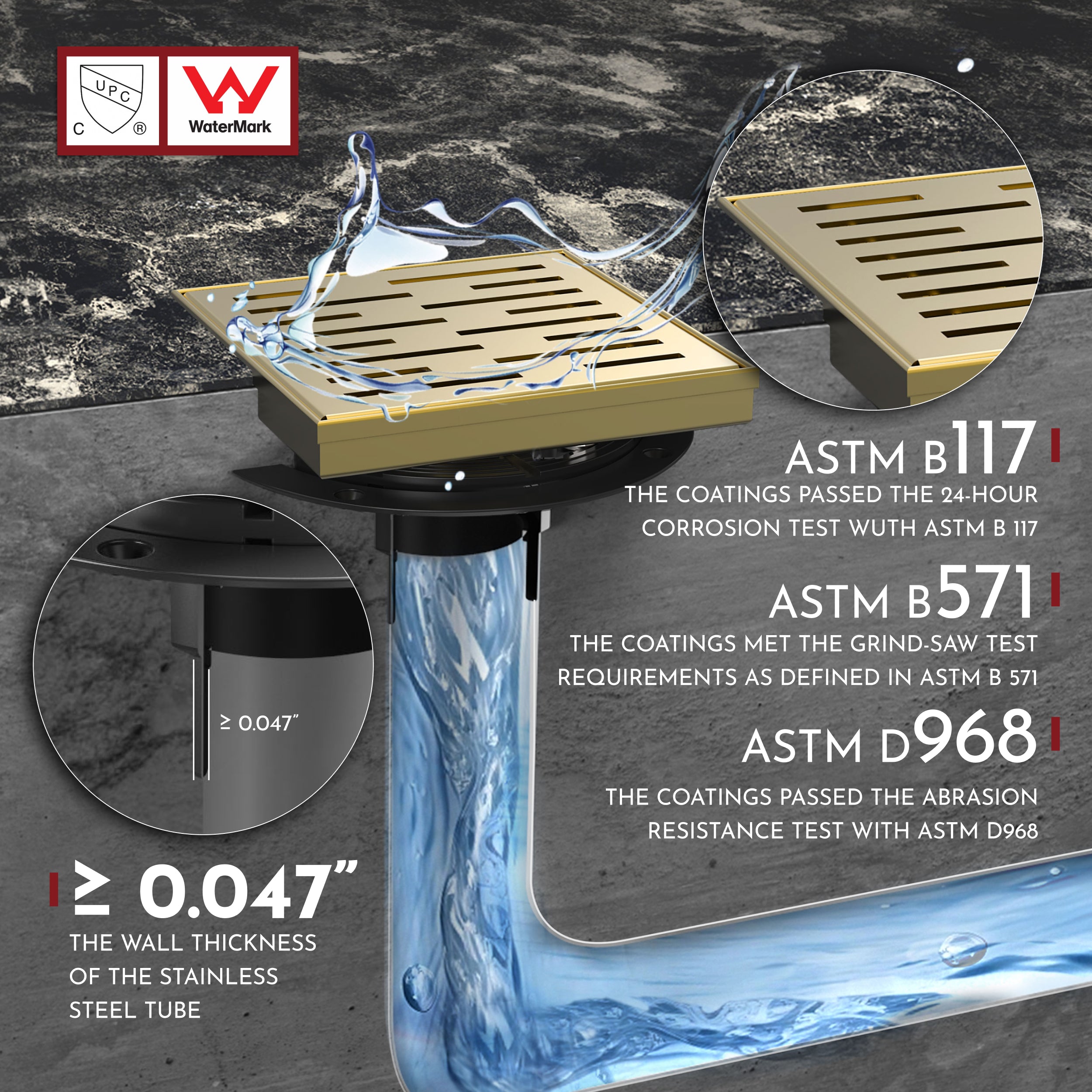 WEBANG 6 Inch Rainline Pattern Square Shower Drain With Flange, Brushed Gold