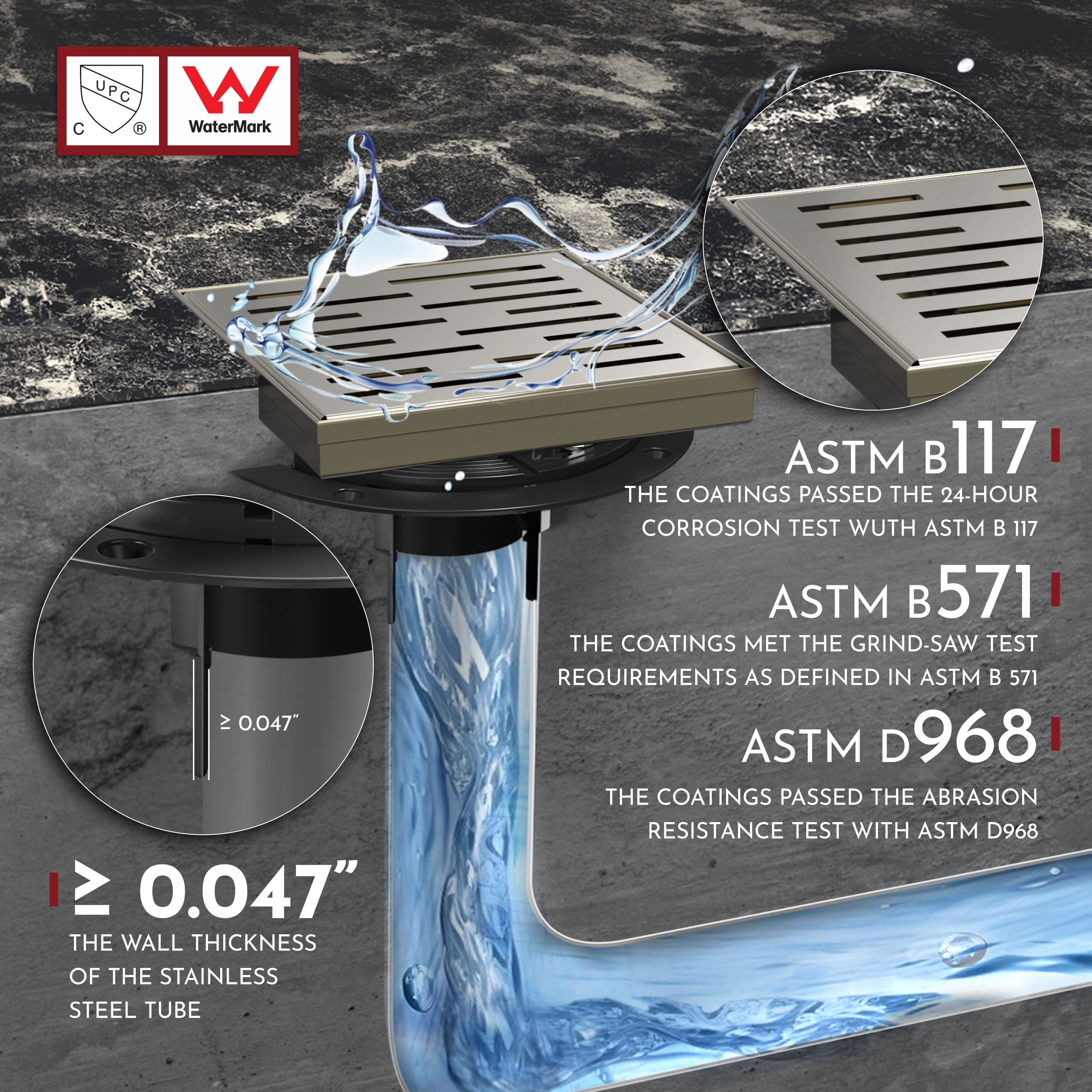 WEBANG 6 Inch Rainline Pattern Square Shower Drain With Flange, Brushed Nickel