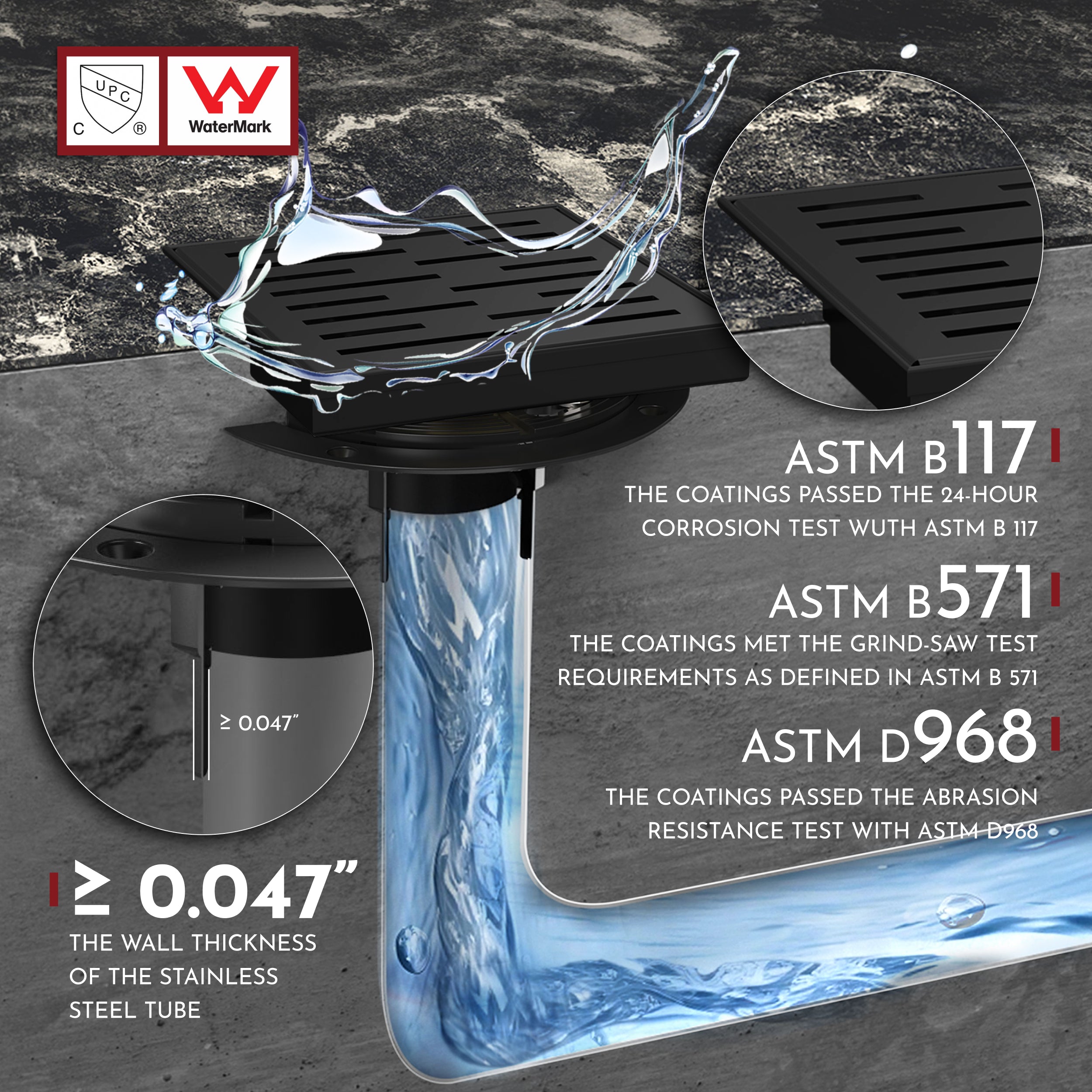 WEBANG 6 Inch Rainline Pattern Square Shower Drain With Flange, Matte Black