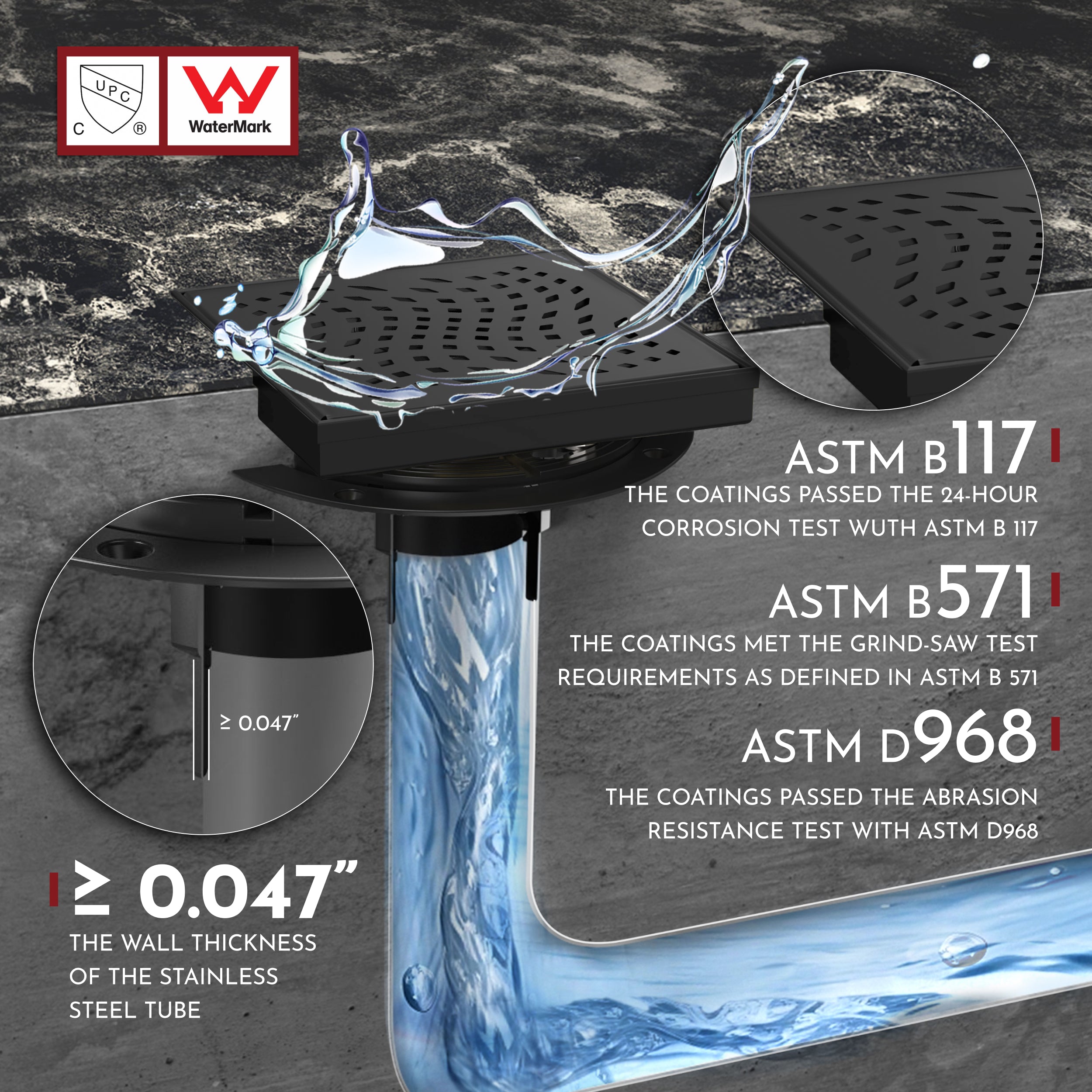 WEBANG 6 Inch Wave-Hole Pattern Square Shower Drain With Flange, Matte Black