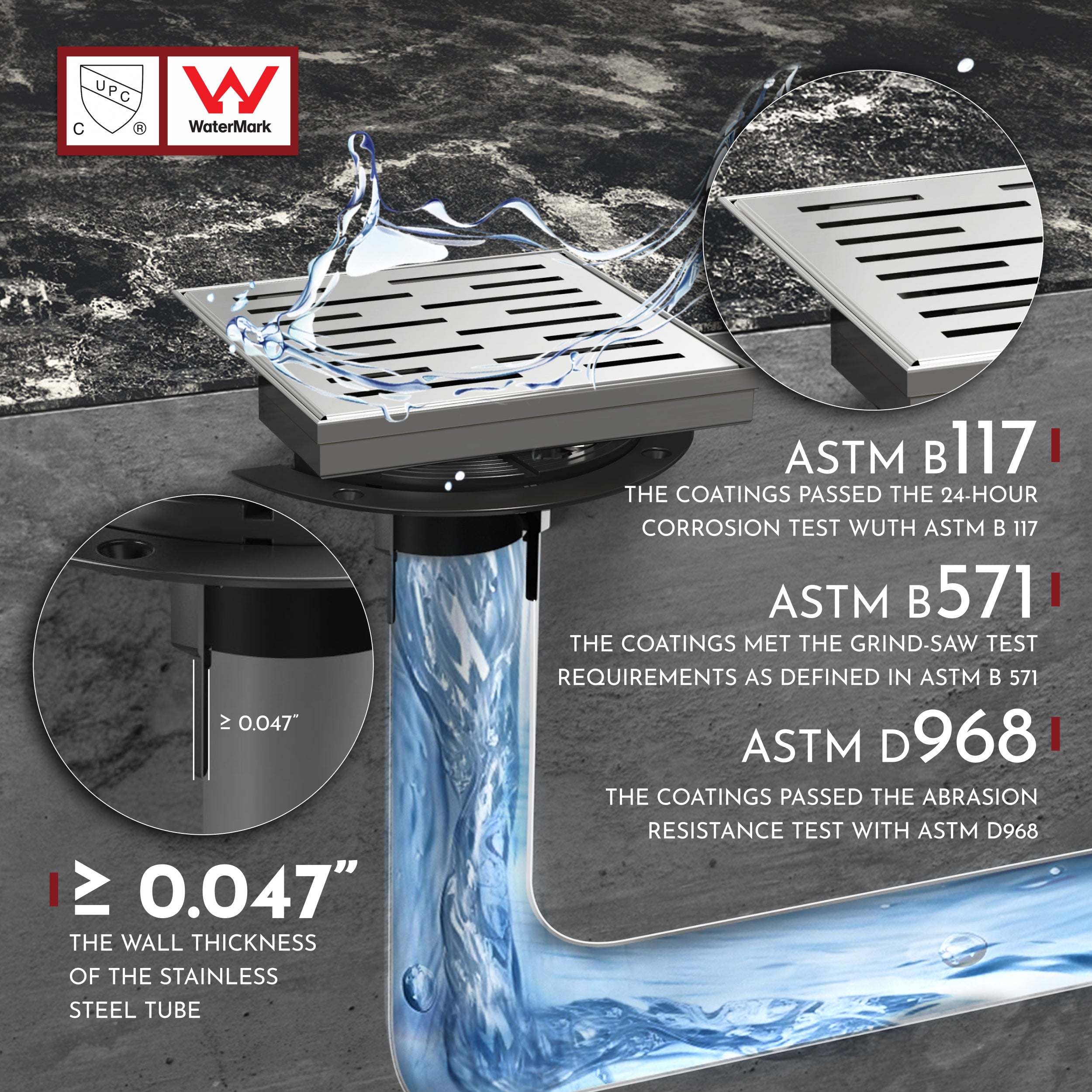 WEBANG 6 Inch Rainline Pattern Square Shower Drain With Flange, Brushed Stainless Steel