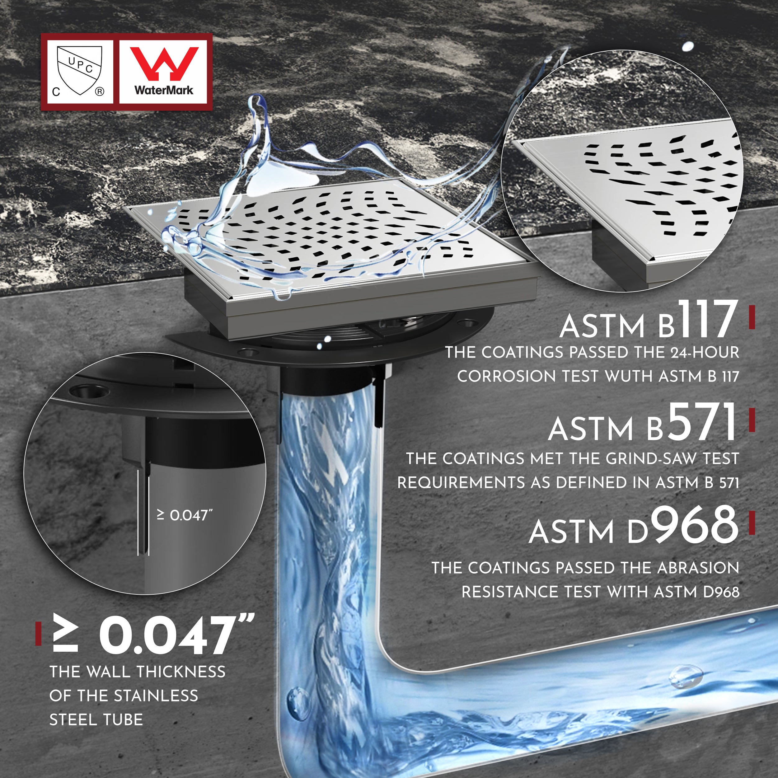 WEBANG 6 Inch Wave-Hole Pattern Square Shower Drain With Flange, Brushed Stainless Steel