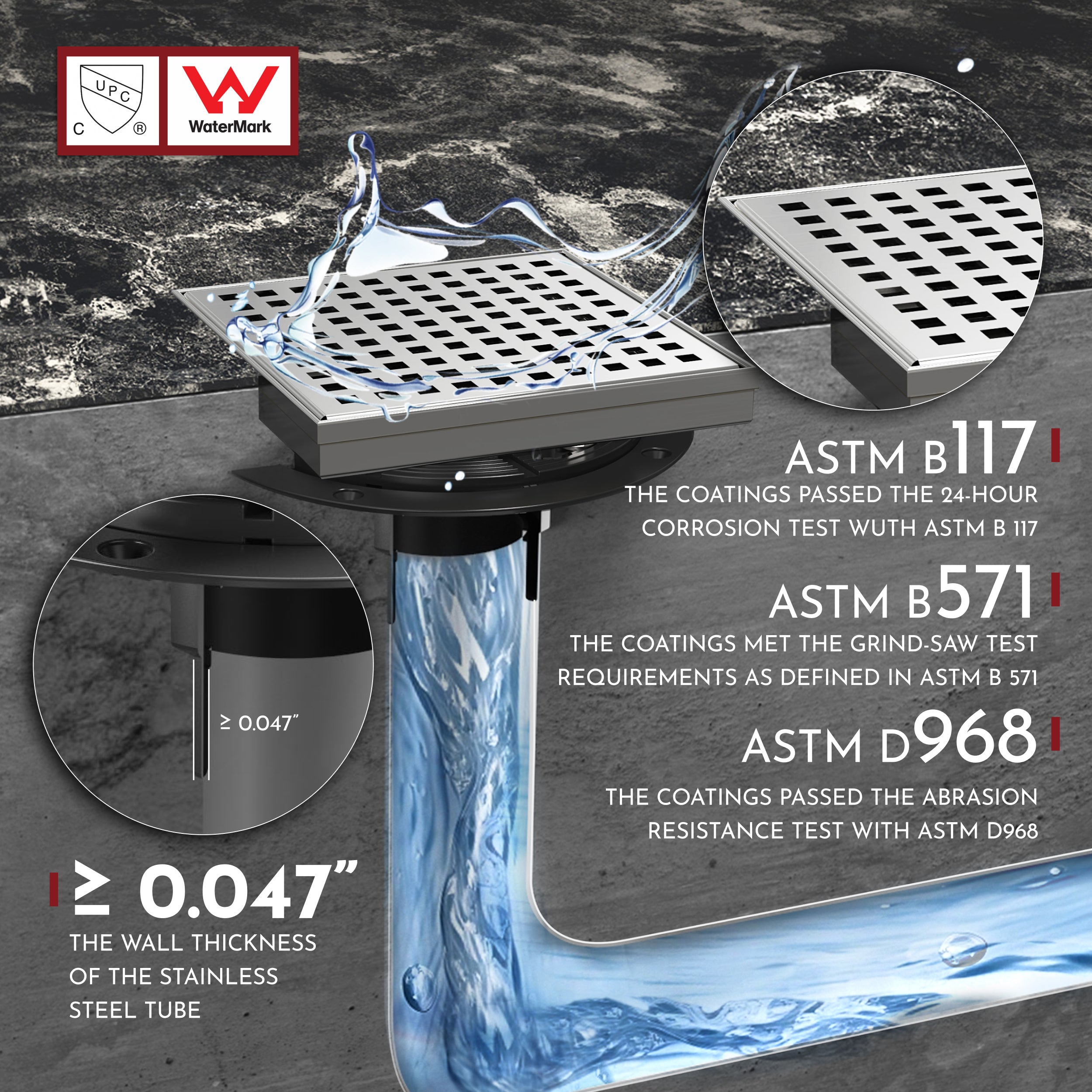 WEBANG 6 Inch Square Hole Pattern Square Shower Drain With Flange, Brushed Stainless Steel