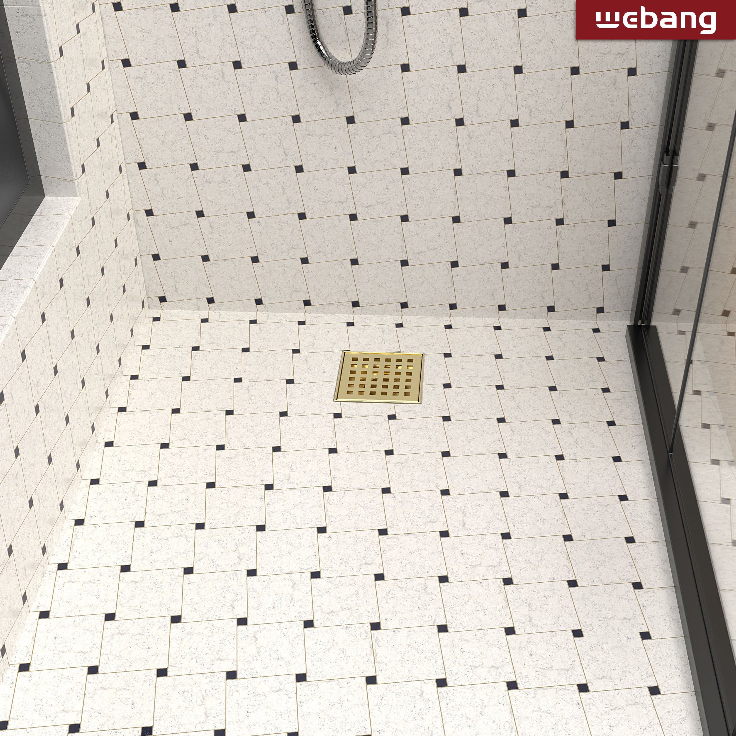 WEBANG 4 Inch Square Hole Pattern Square Shower Drain With Flange, Brushed Gold