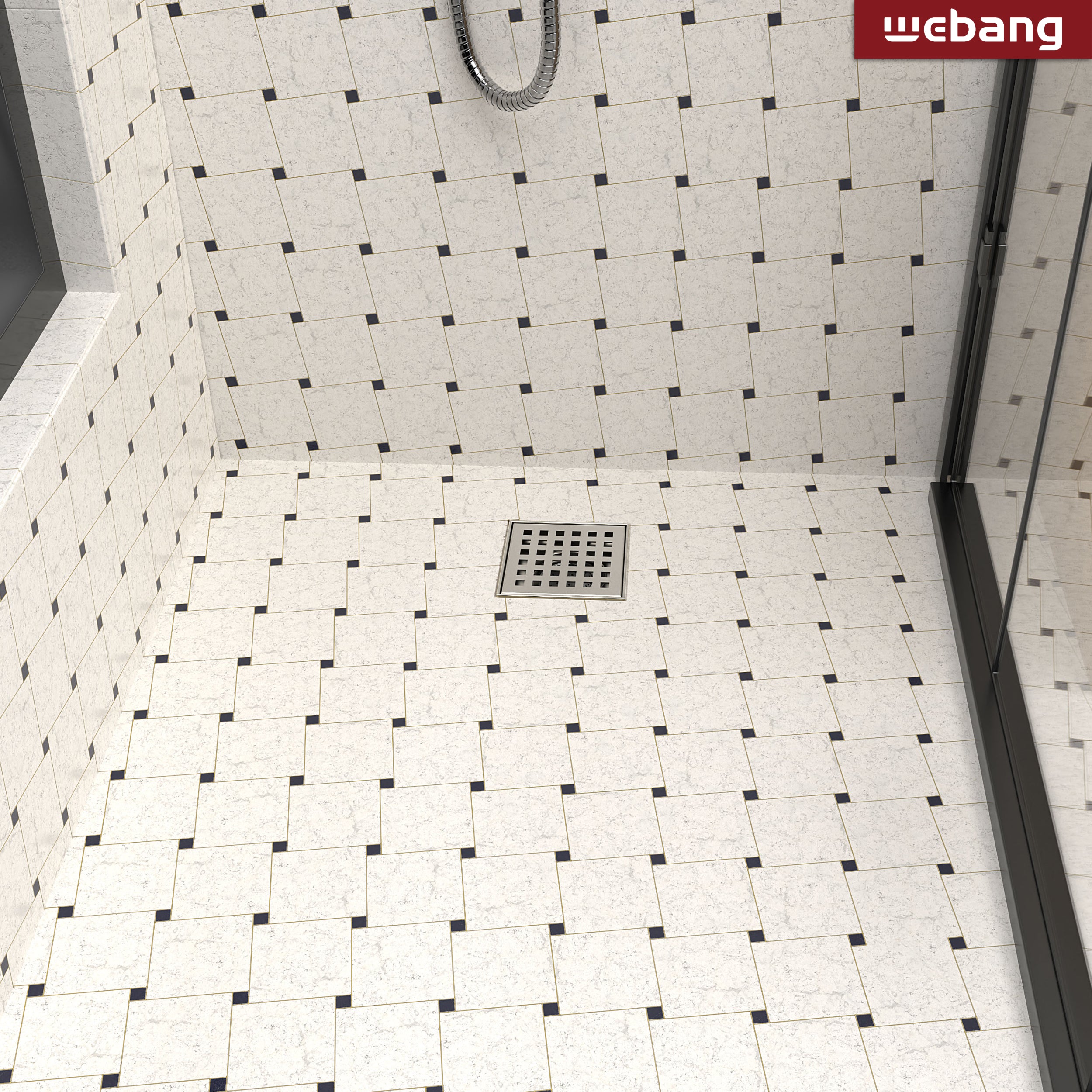 WEBANG 4 Inch Square Hole Pattern Square Shower Drain With Flange, Brushed Nickel