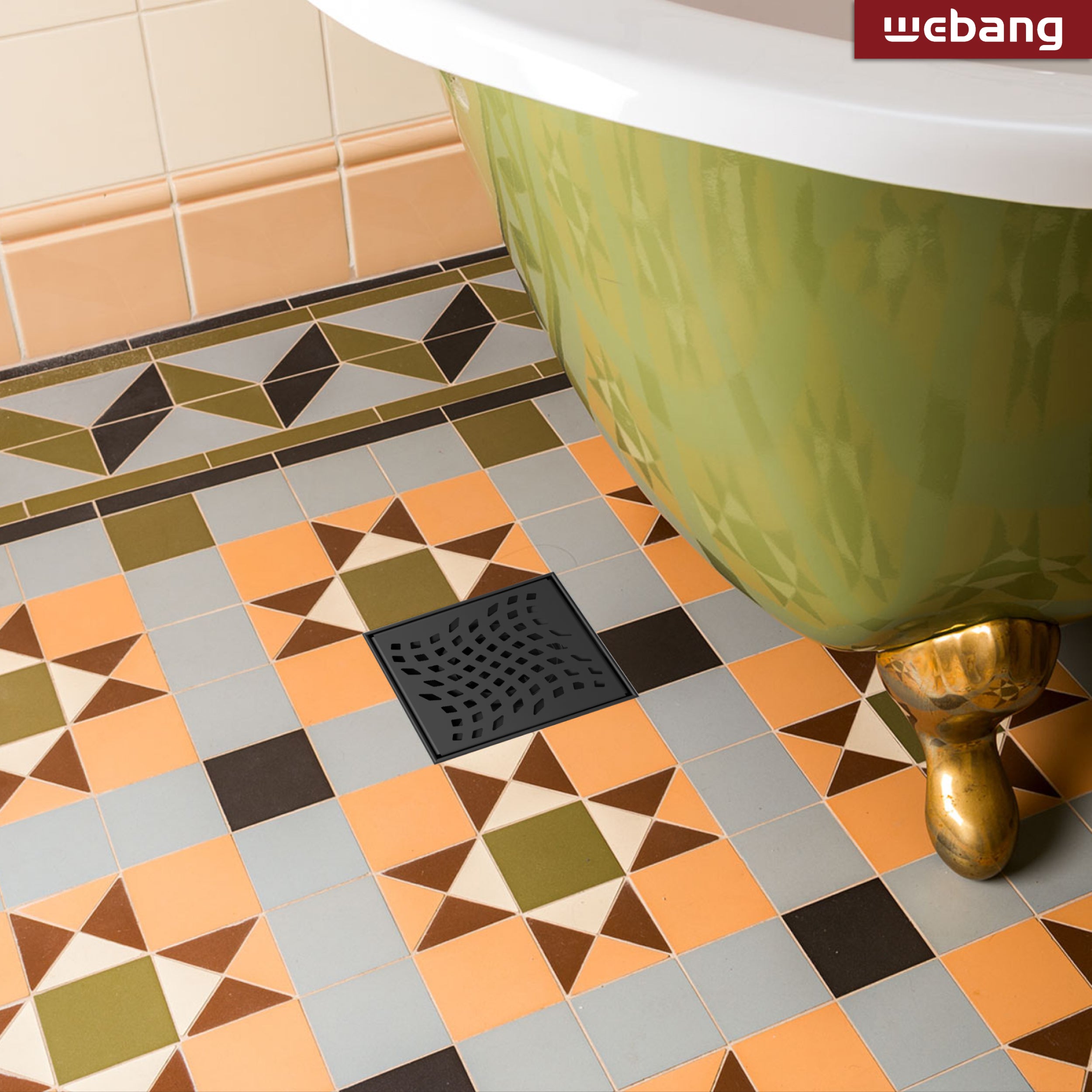 WEBANG 4 Inch Wave-Hole Pattern Square Shower Drain With Flange, Matte Black