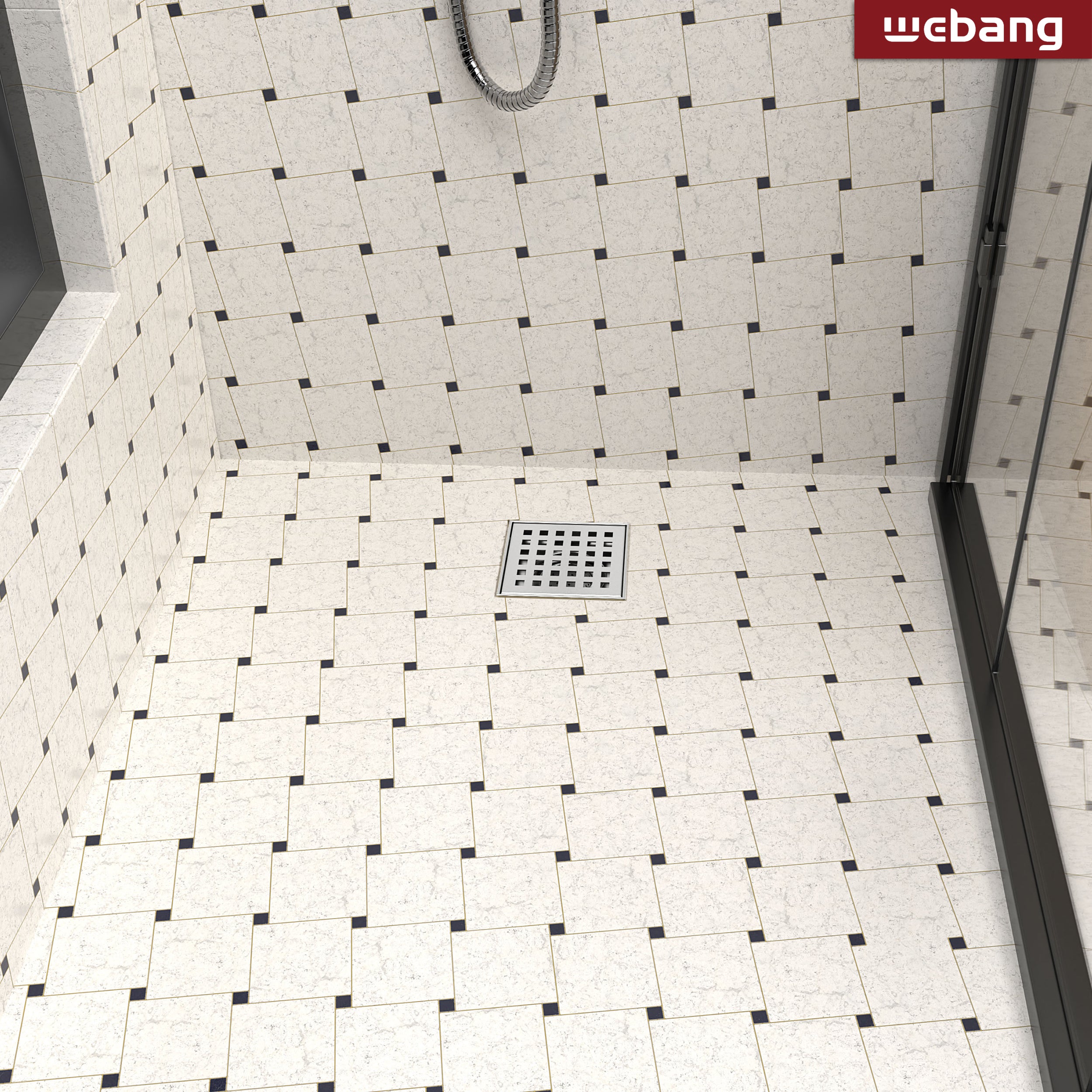 WEBANG 4 Inch Square Hole Pattern Square Shower Drain With Flange, Brushed Stainless Steel