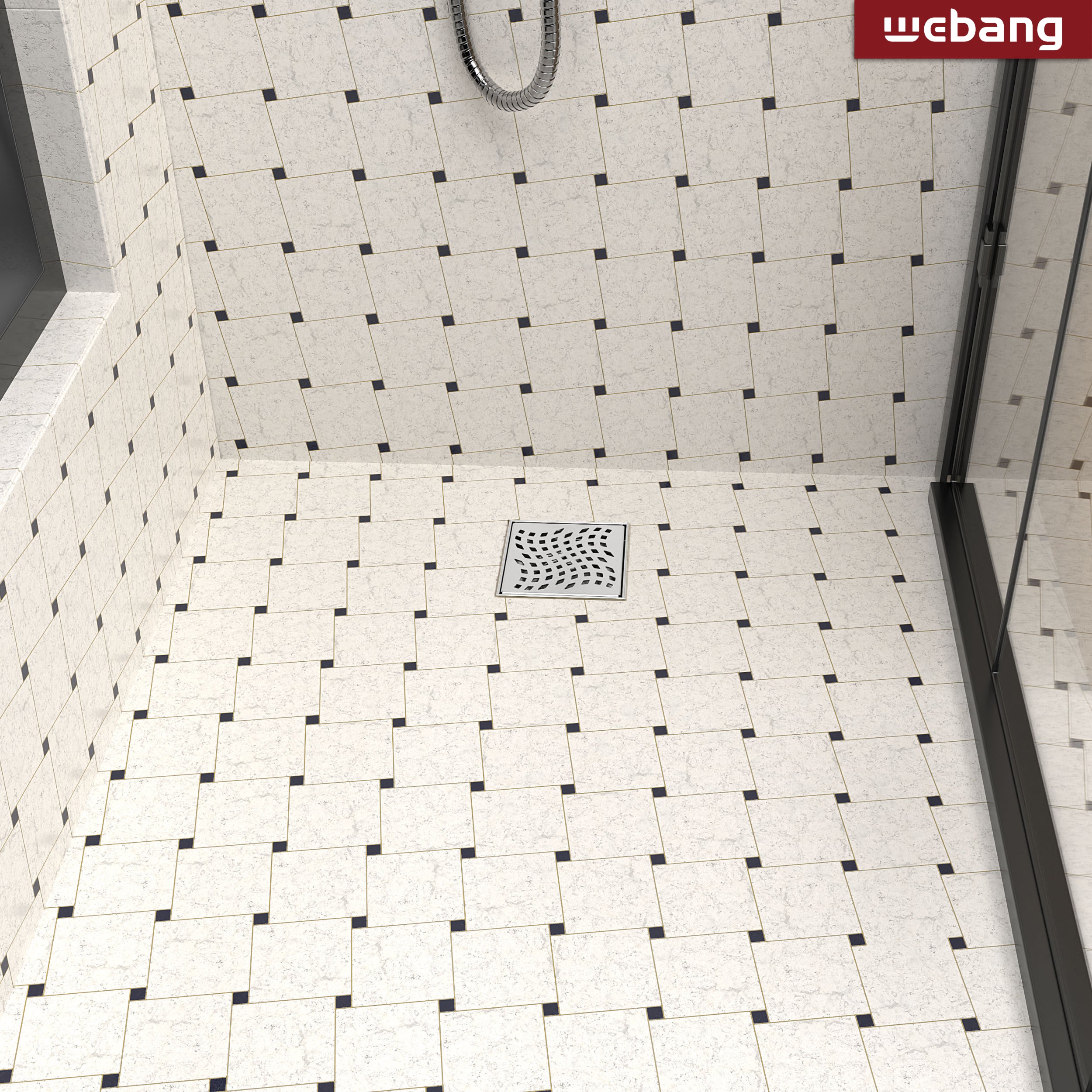 WEBANG 4 Inch Wave-Hole Pattern Square Shower Drain With Flange, Brushed Stainless Steel