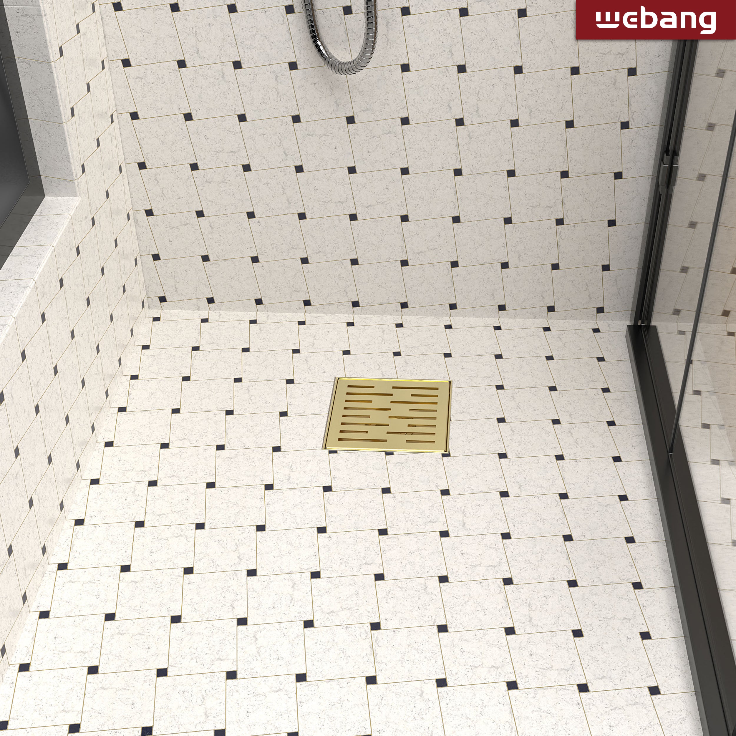 WEBANG 6 Inch Rainline Pattern Square Shower Drain With Flange, Brushed Gold