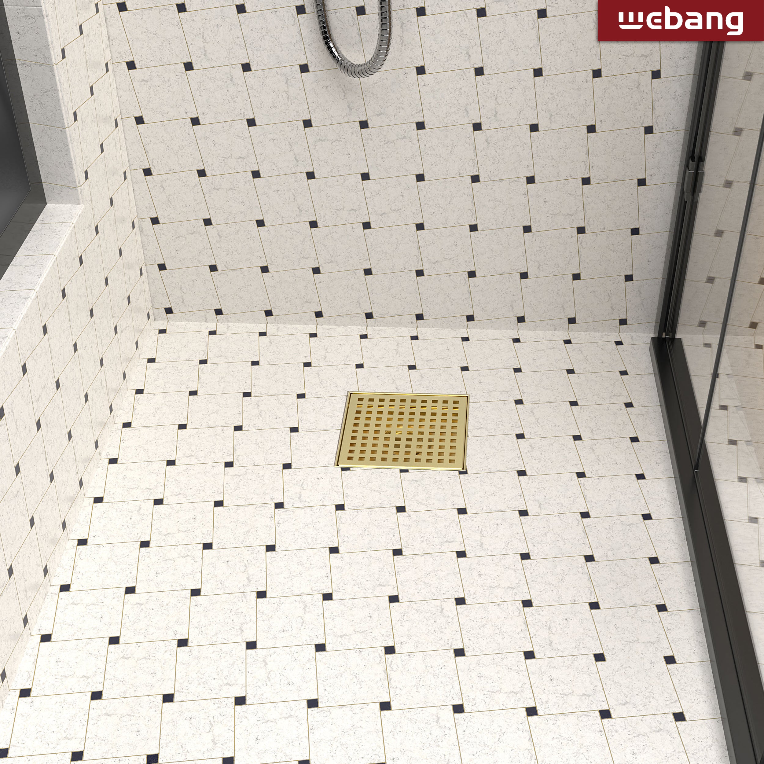WEBANG 6 Inch Square Hole Pattern Square Shower Drain With Flange, Brushed Gold