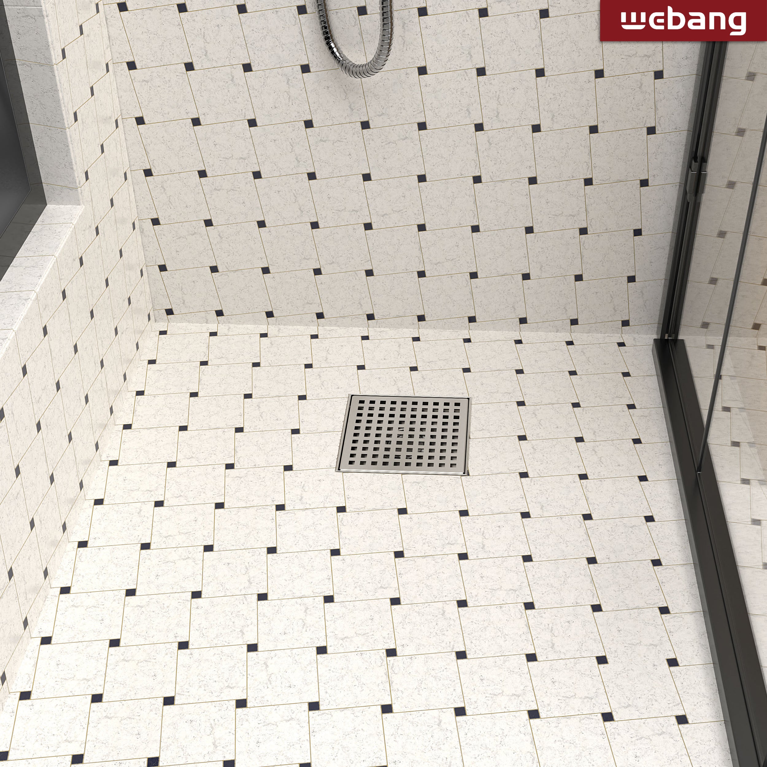 WEBANG 6 Inch Square Hole Pattern Square Shower Drain With Flange, Brushed Nickel