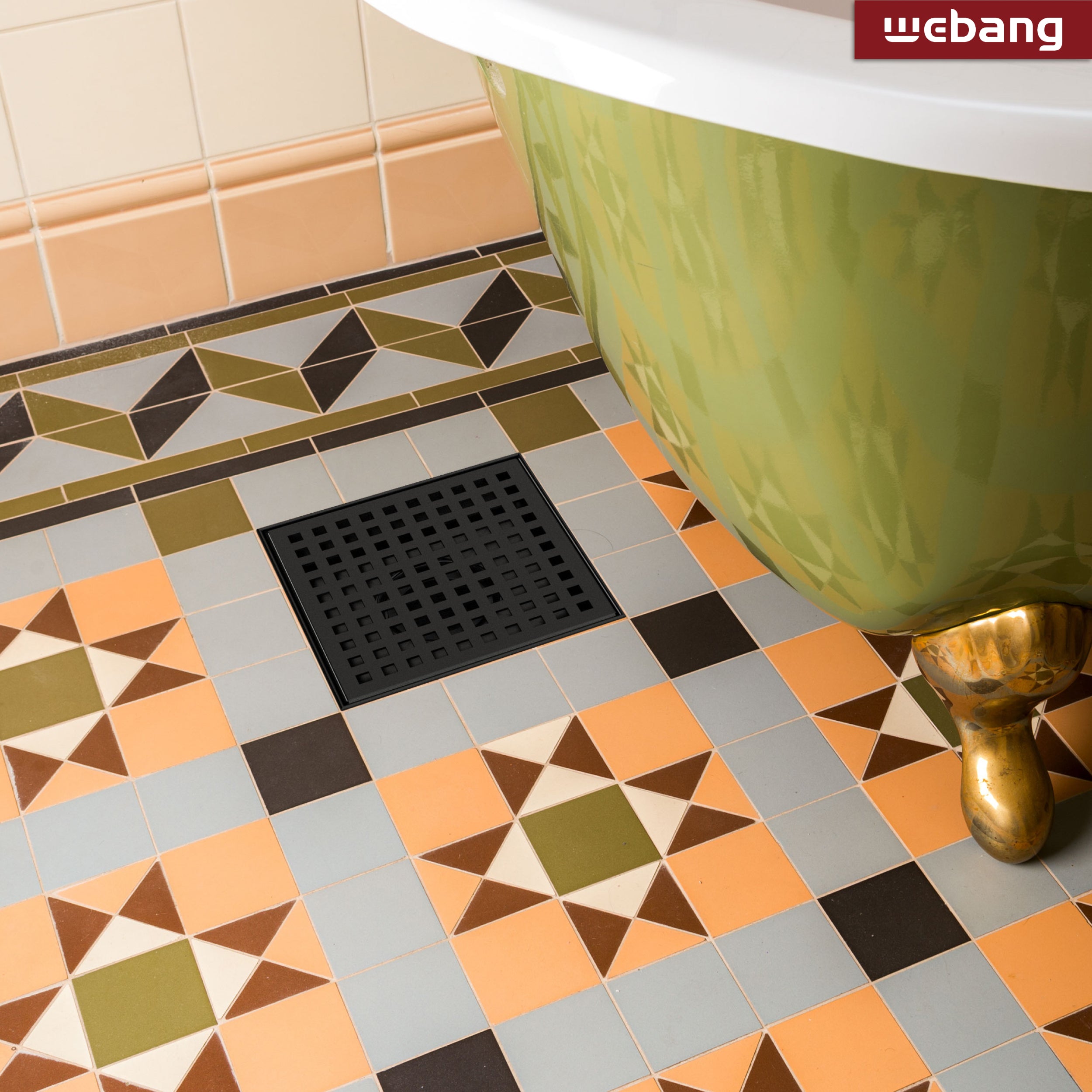 WEBANG 6 Inch Square Hole Pattern Square Shower Drain With Flange, Matte Black