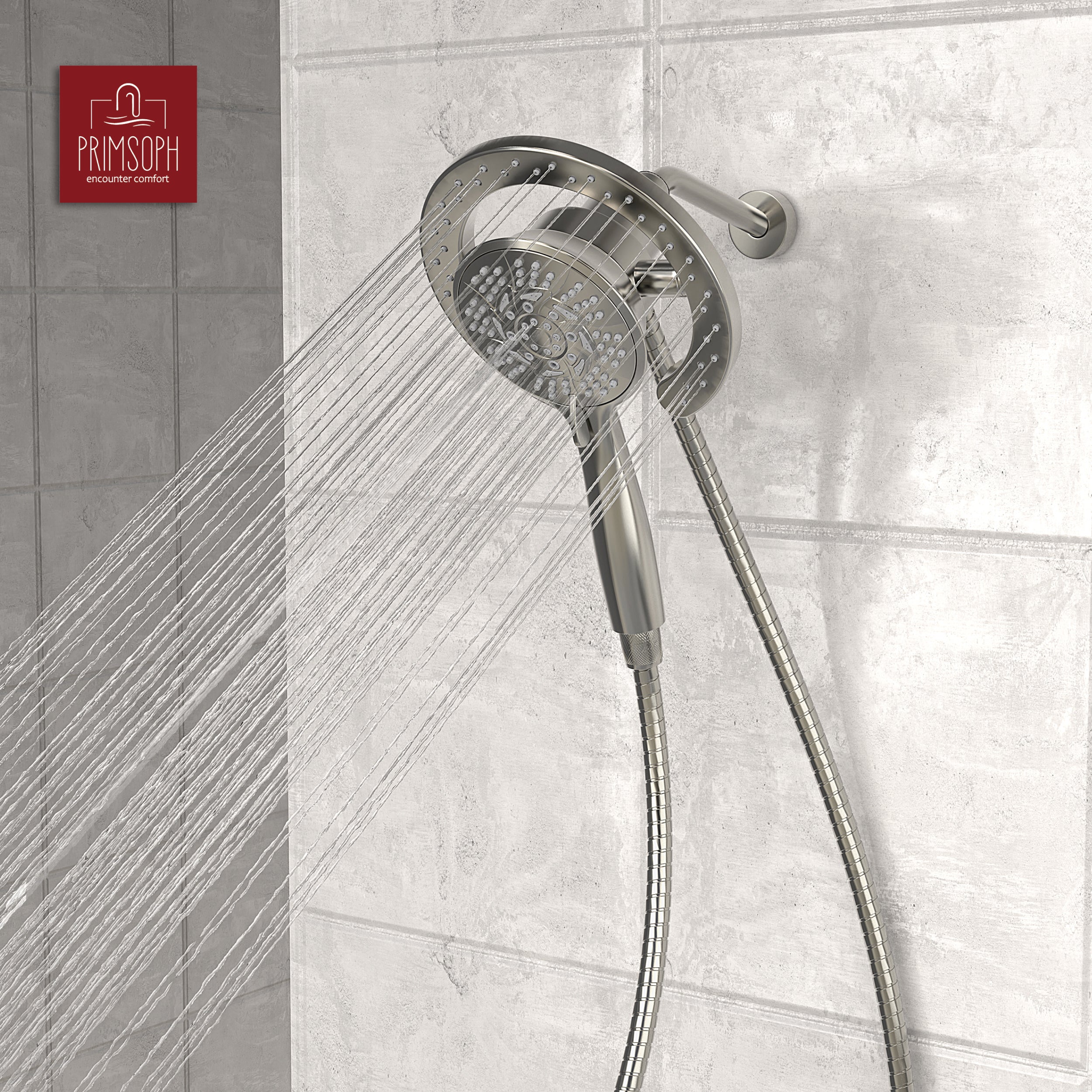 PRIMSOPH 10-Mode High Pressure Handheld and Round Rainfall Shower Head with Magnetic Docking and Stainless Steel Hose, Brushed Nickel