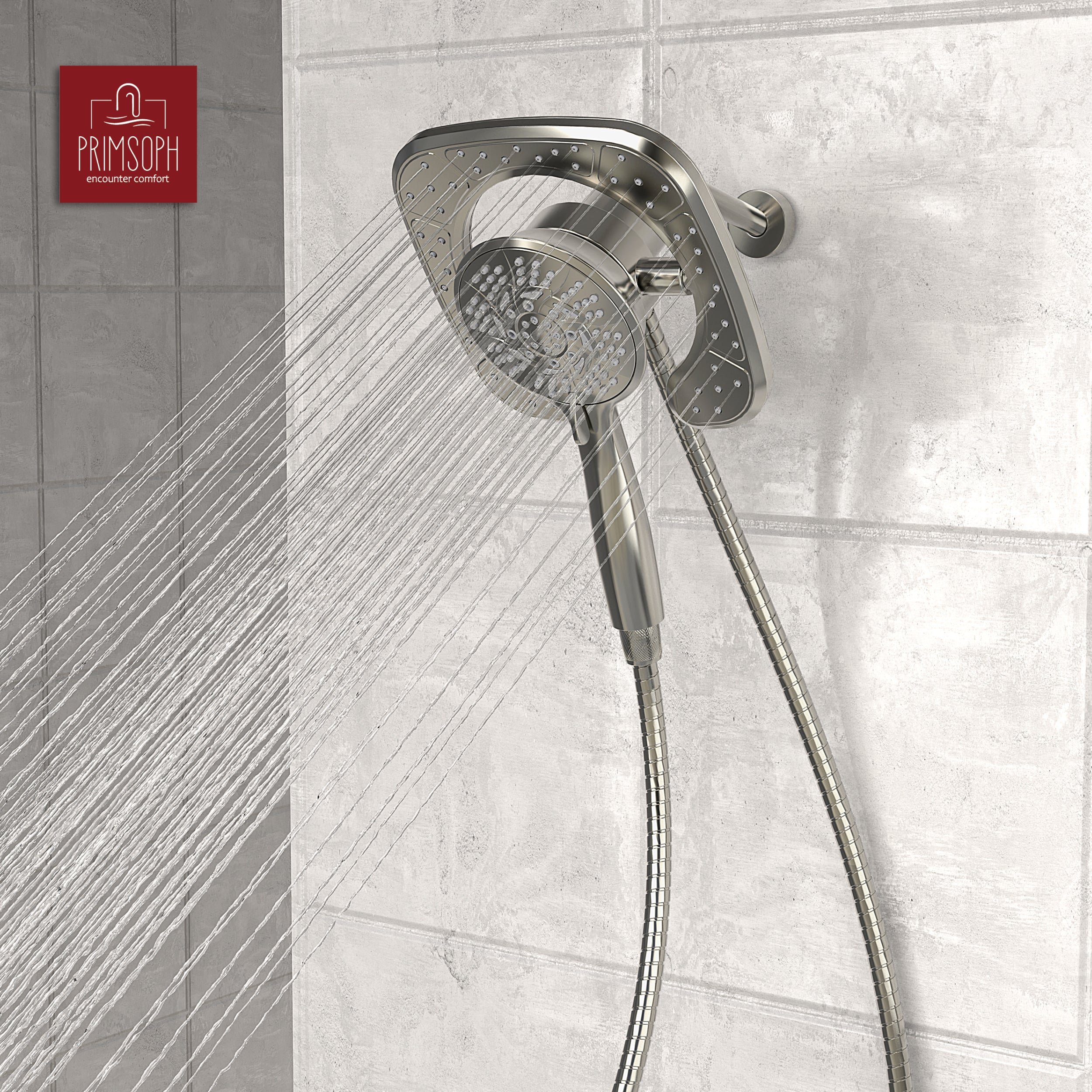 PRIMSOPH 10-Mode High Pressure Handheld and Square Rainfall Shower Head with Magnetic Docking and Stainless Steel Hose, Brushed Nickel