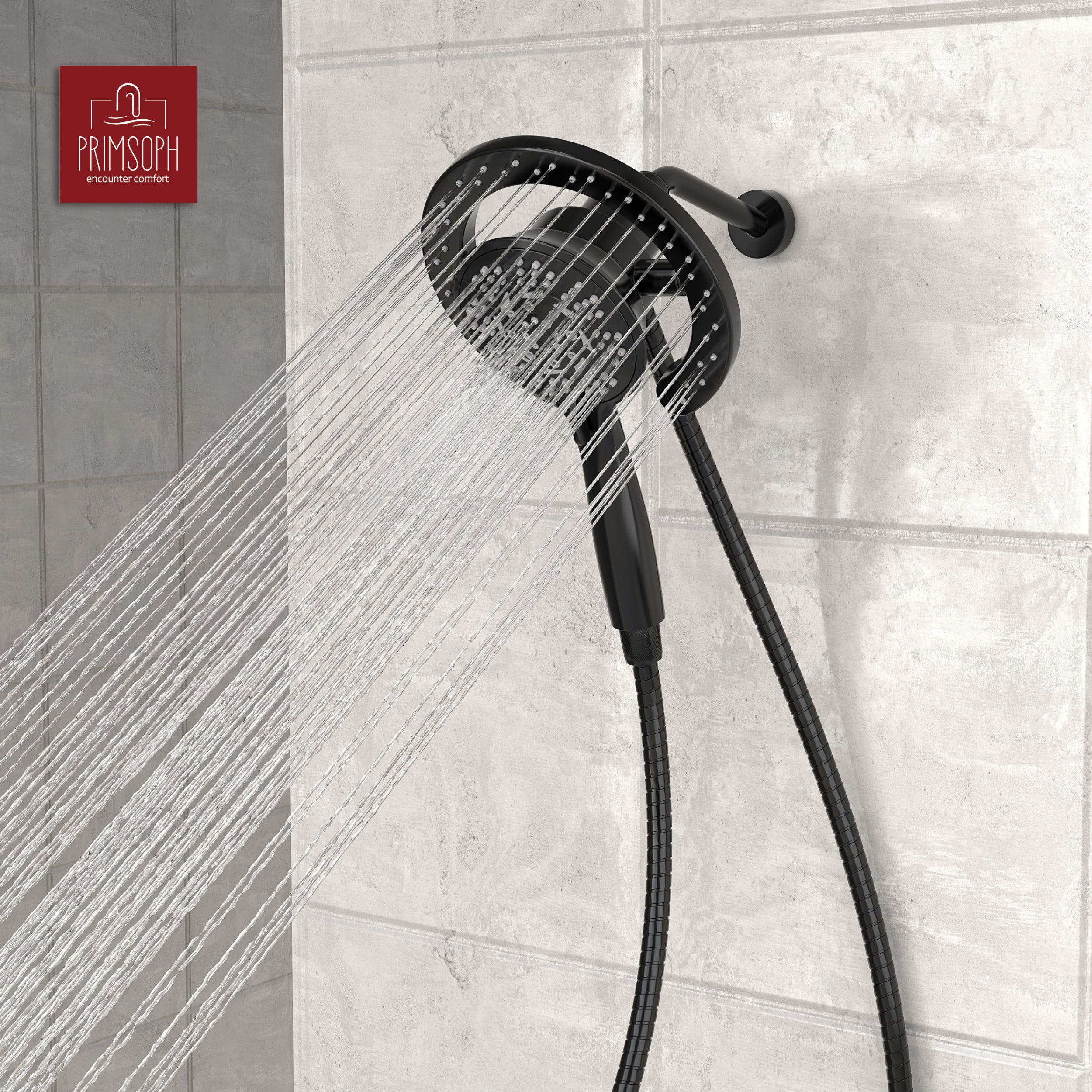 PRIMSOPH 10-Mode High Pressure Handheld and Round Rainfall Shower Head with Magnetic Docking and Stainless Steel Hose, Matte Black