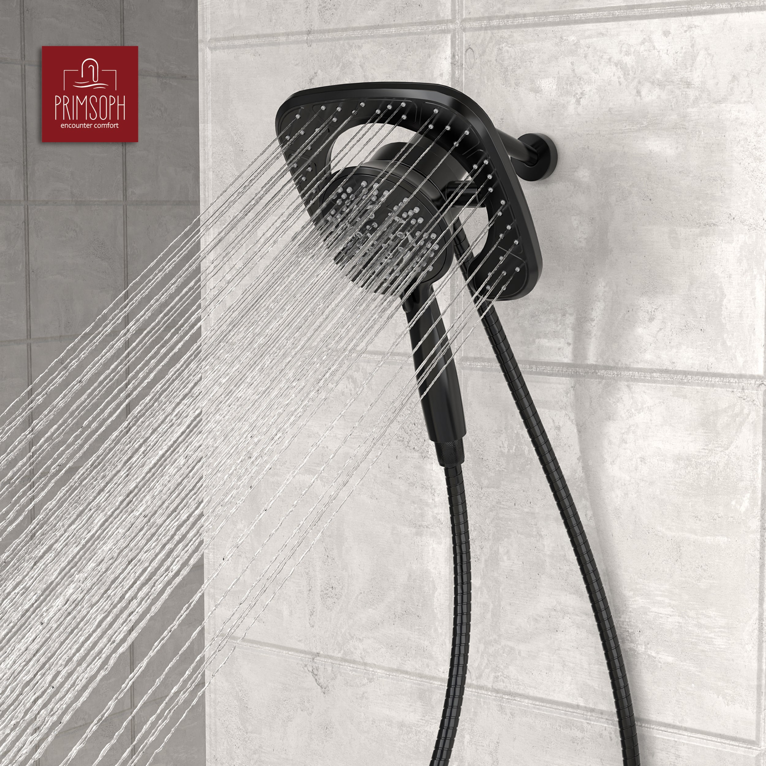 PRIMSOPH 10-Mode High Pressure Handheld and Square Rainfall Shower Head with Magnetic Docking and Stainless Steel Hose, Matte Black