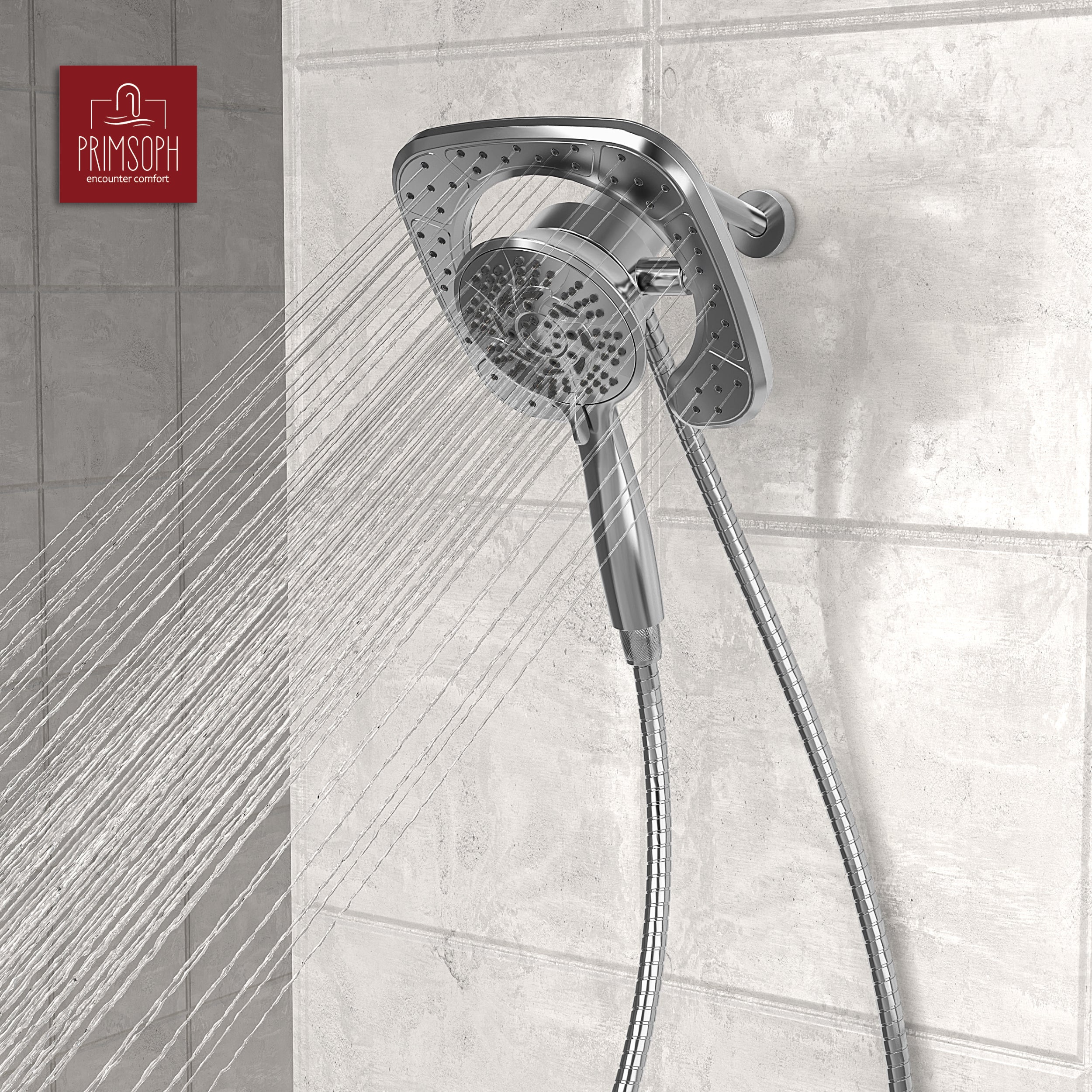 PRIMSOPH 10-Mode High Pressure Handheld and Square Rainfall Shower Head with Magnetic Docking and Stainless Steel Hose, Chrome