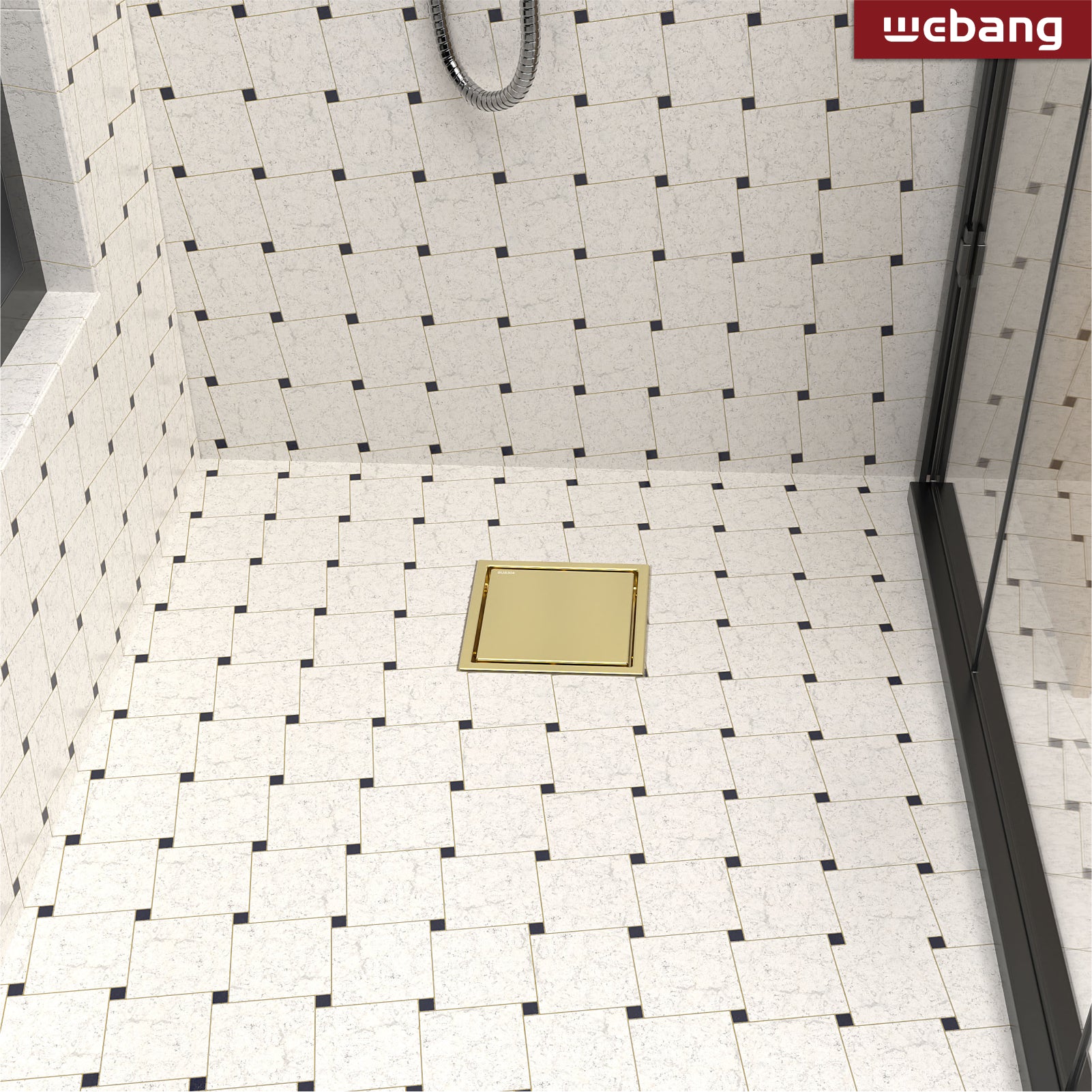 WEBANG 6 Inch Wide Frame Reversible 2-in-1 Tile-In Square Shower Floor Drain With Flange, Brushed Gold