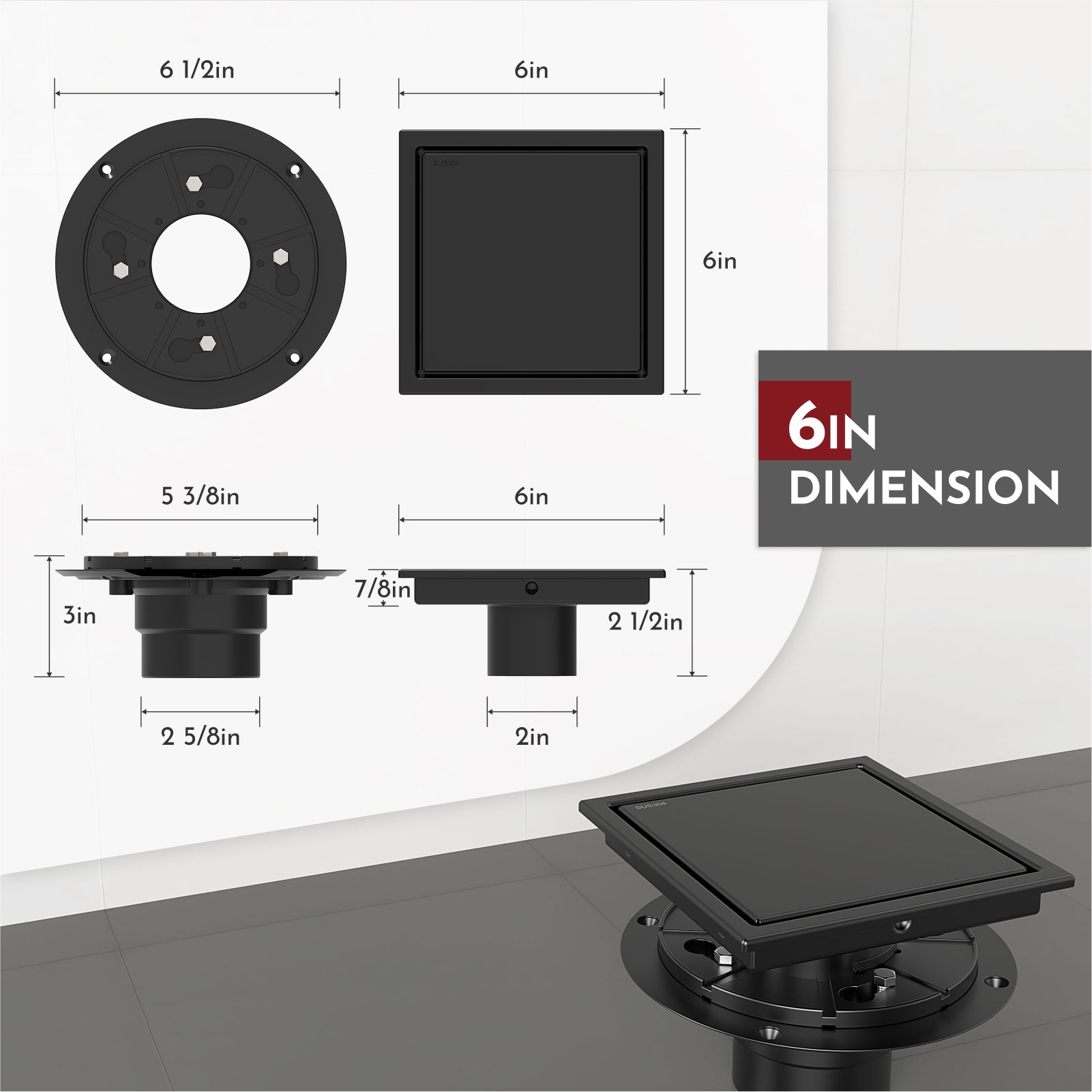 WEBANG 6 Inch Wide Frame Reversible 2-in-1 Tile-In Square Shower Floor Drain With Flange, Matte Black